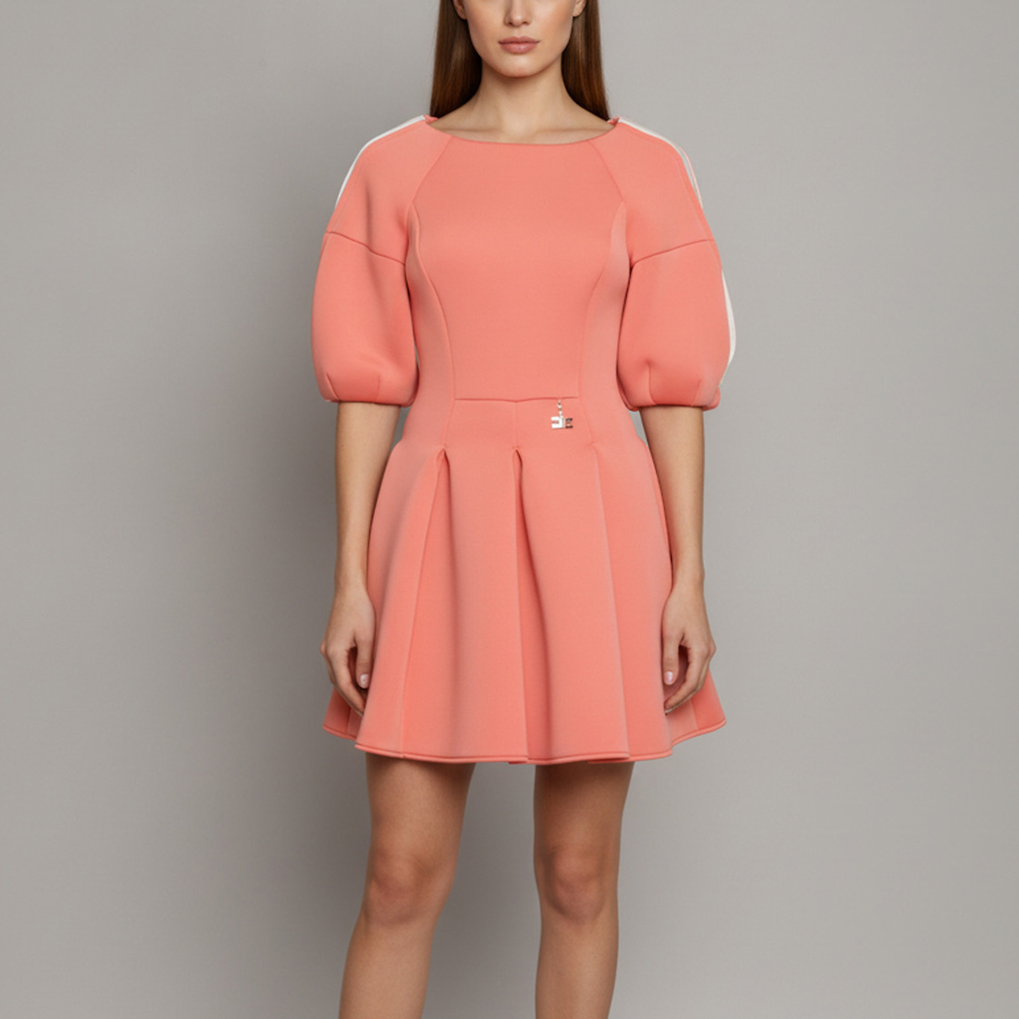 Elisabetta Franchi Coral Neoprene Fit and Flare Short Dress S