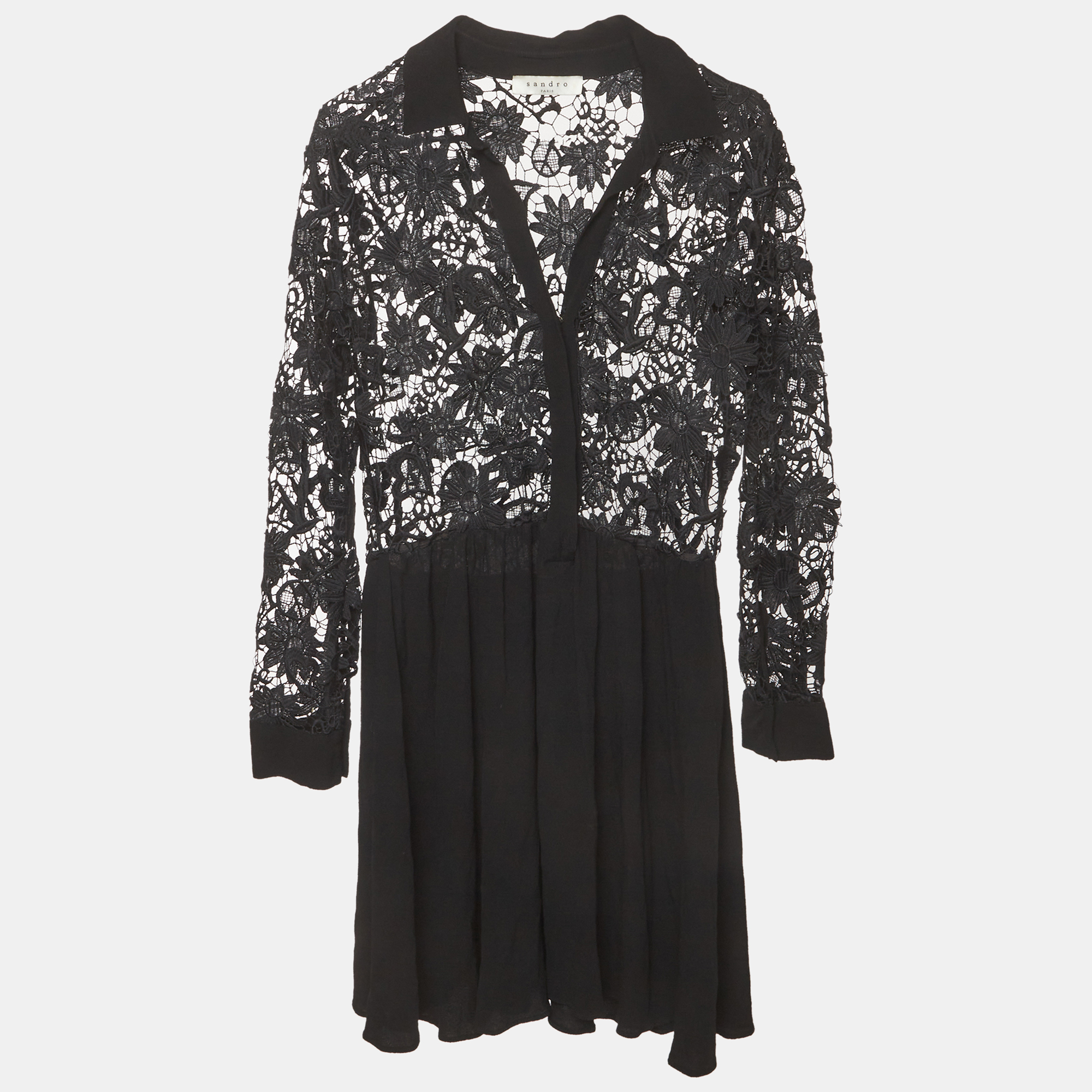 Sandro Black Floral Lace and Crepe Sheer Short Dress M