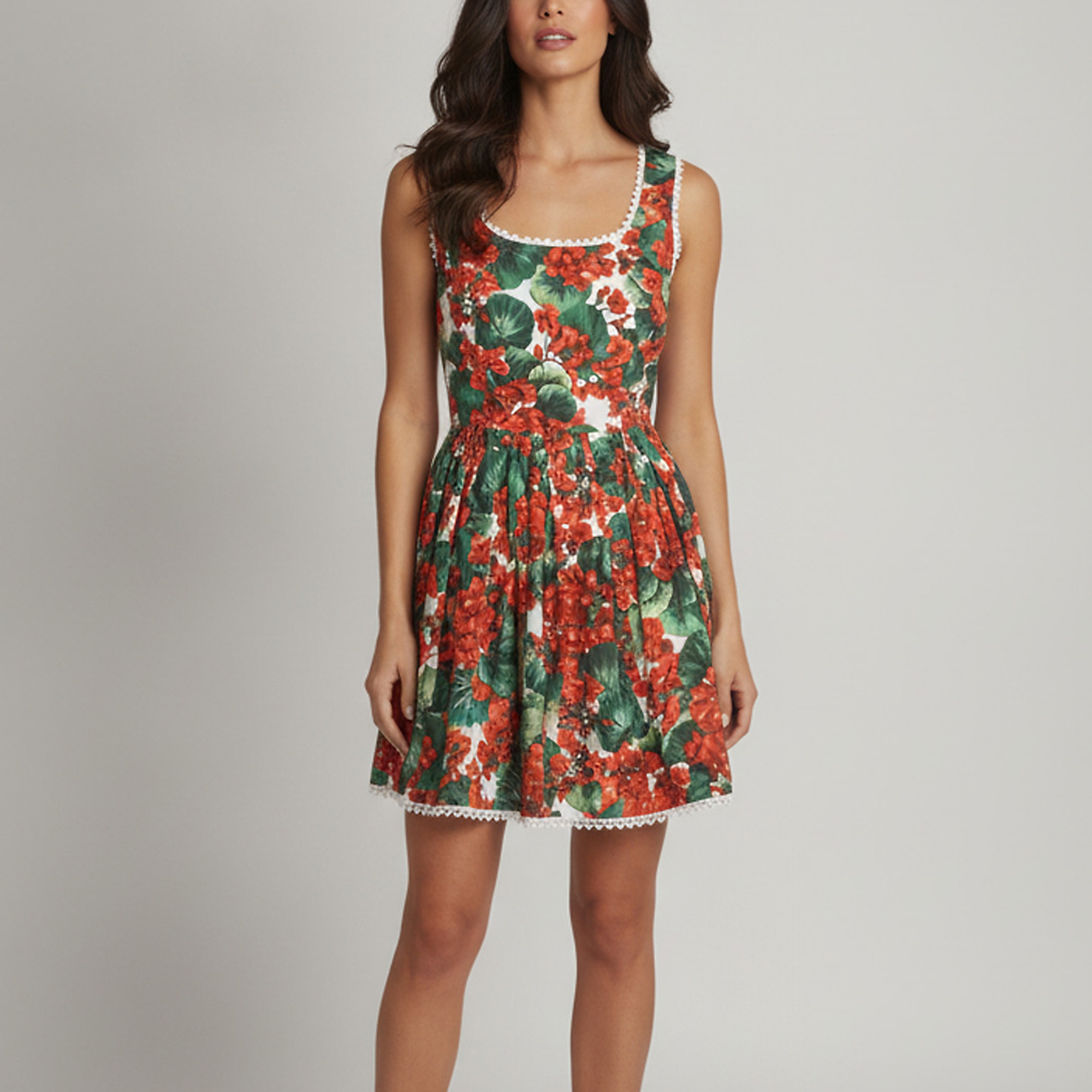 Dolce & Gabbana Red/Green Floral Print Poplin Mini Dress M