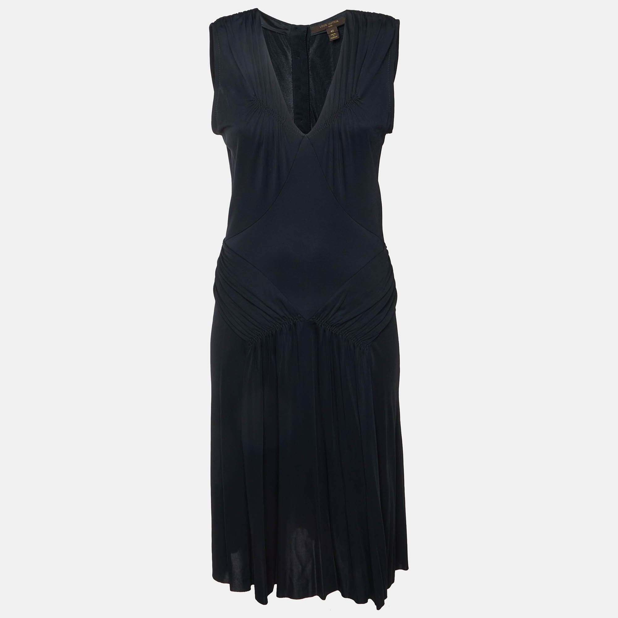 Louis Vuitton Black Jersey Ruched Midi Dress M
