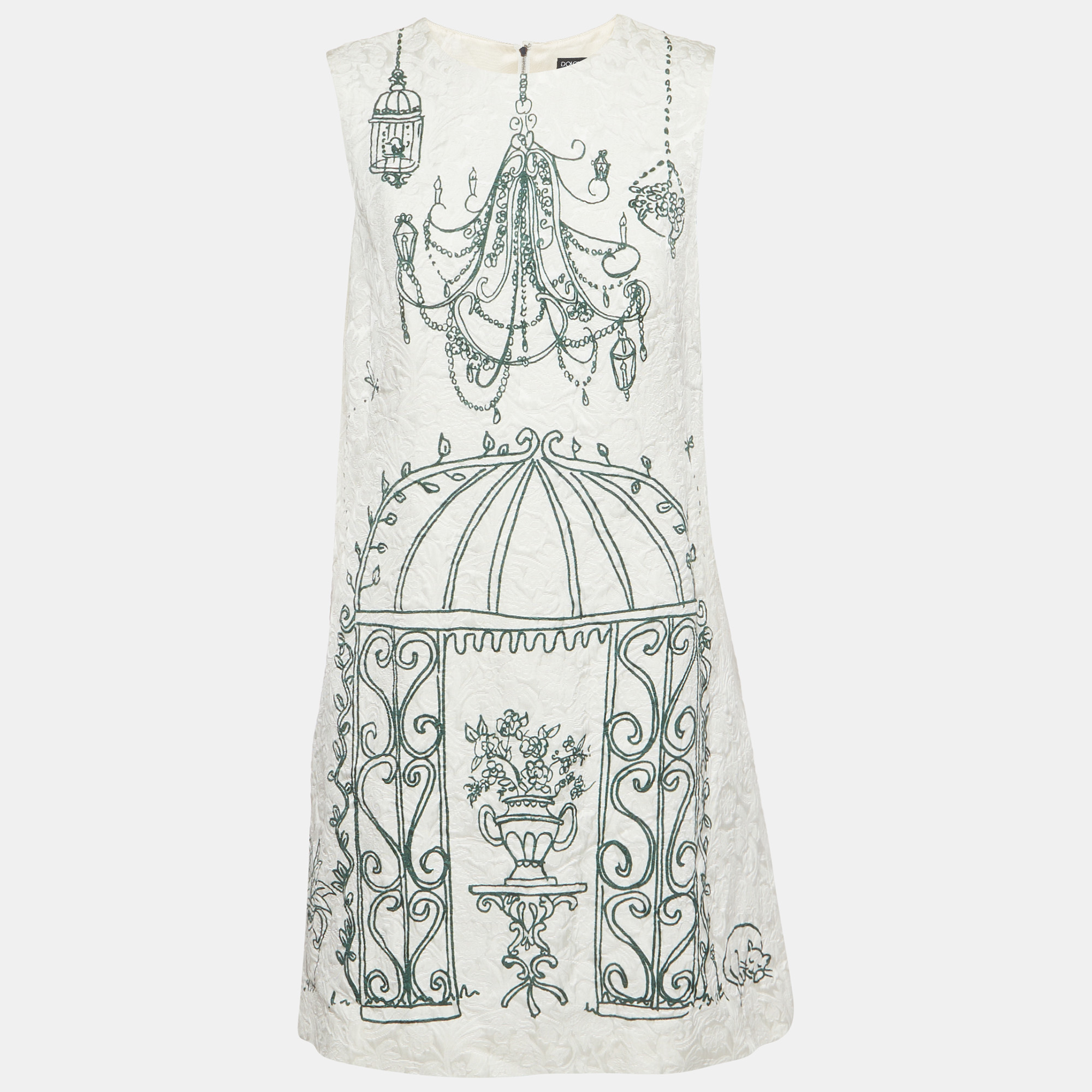 Dolce & Gabbana White Botanical Garden Print Jacquard Dress L