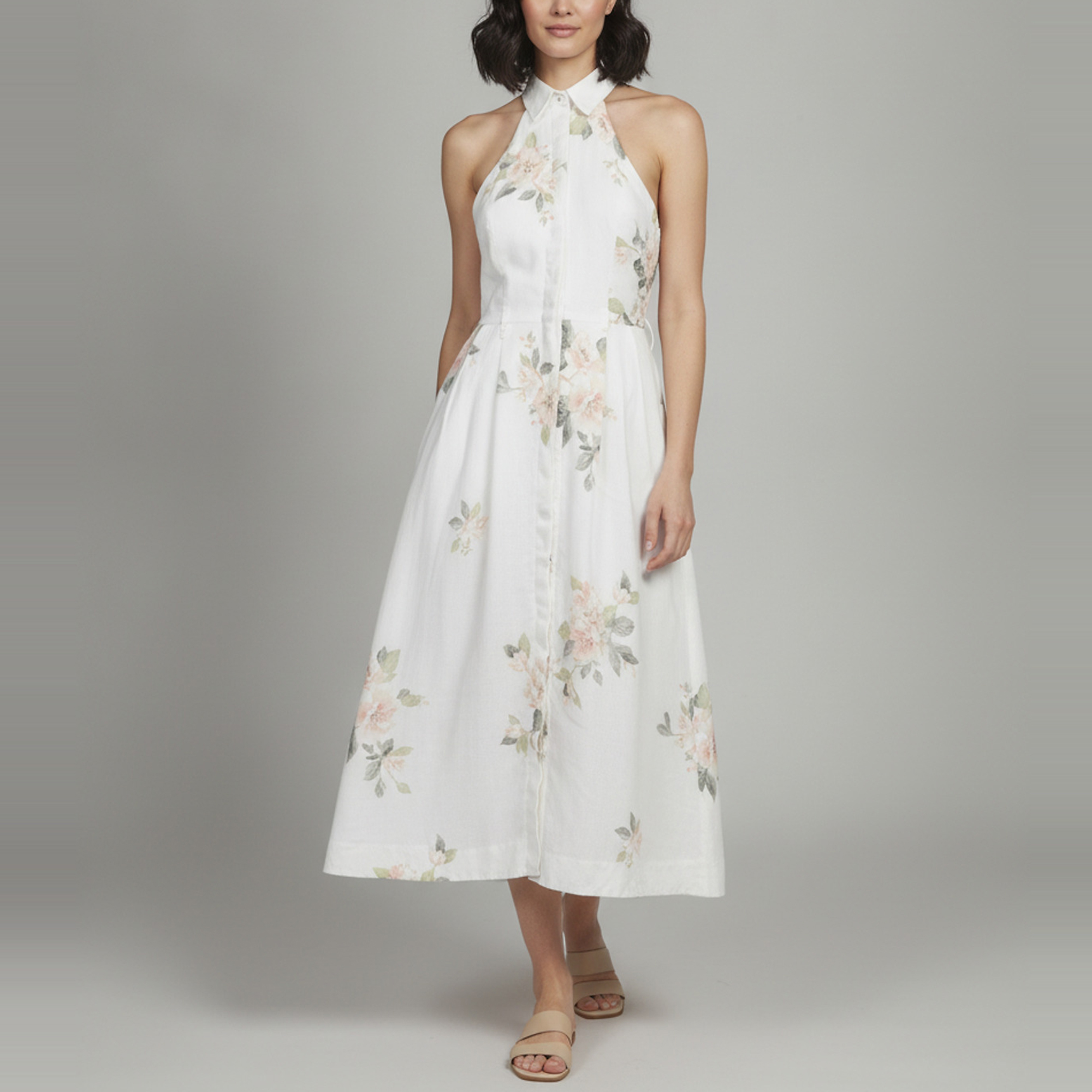 Zimmermann White Floral Print Linen Kirra Halter Neck Dress S