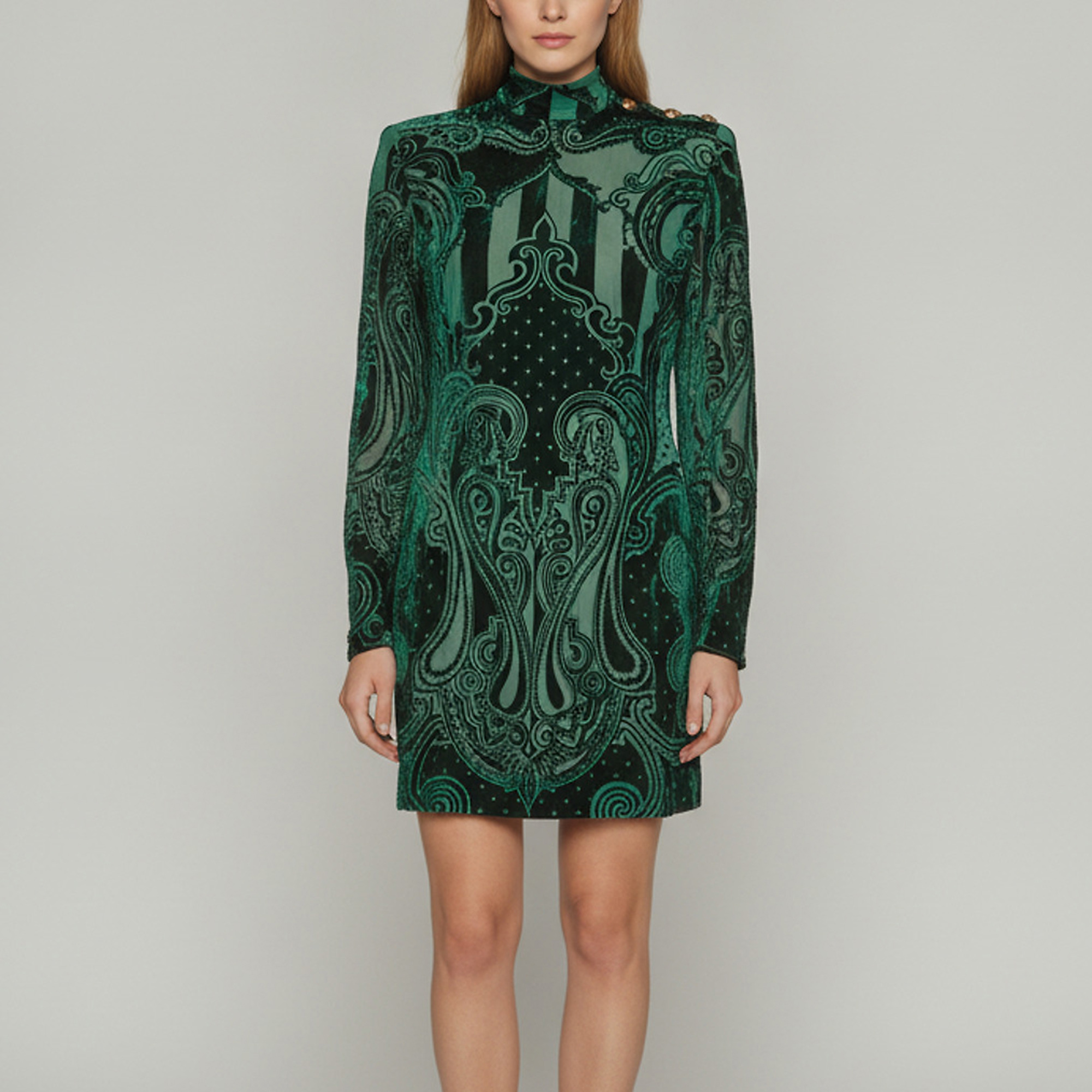 Balmain Green Velvet Jacquard Pattern Long Sleeve Devore Dress S