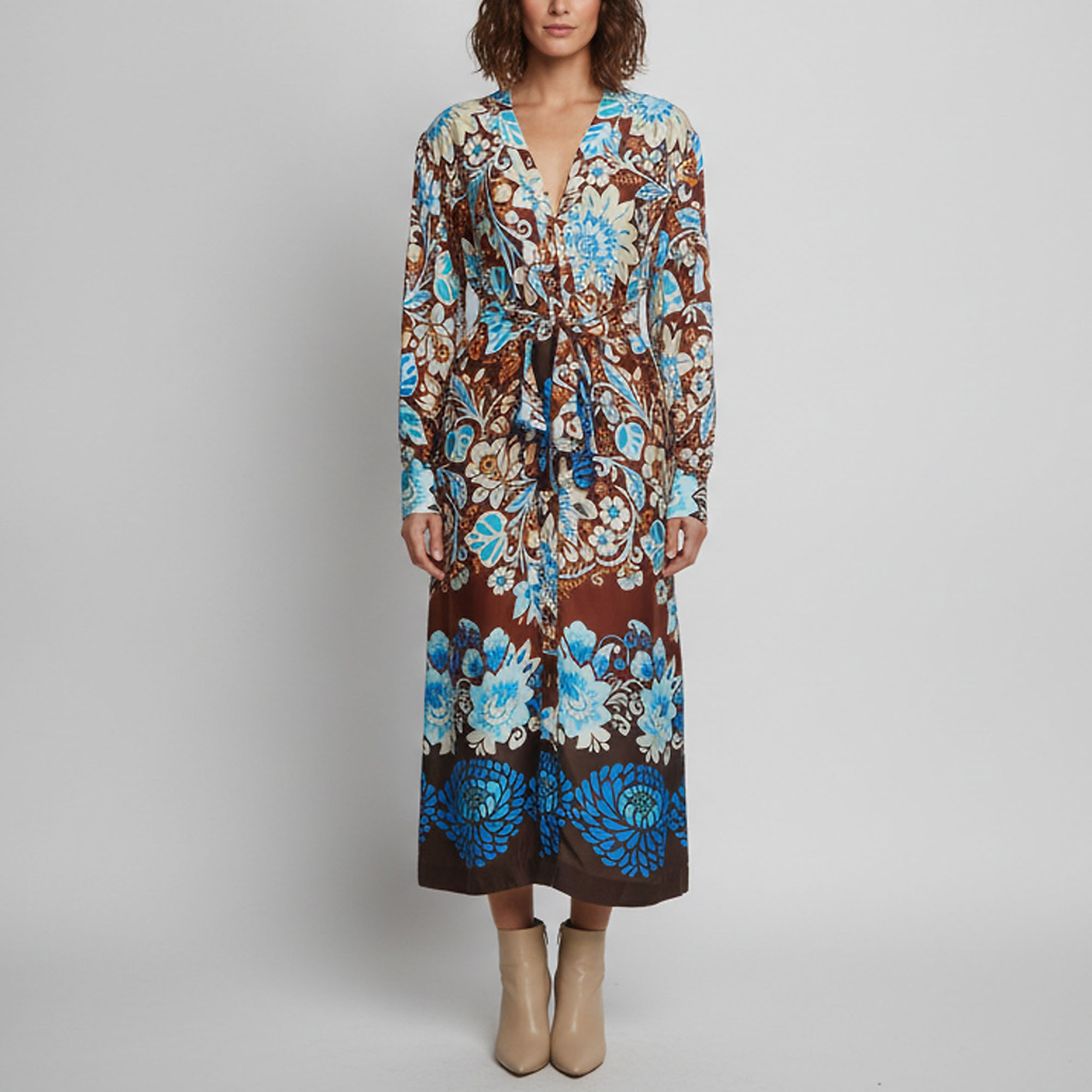 Alexis Multicolour Printed Satin Belted Brun Blossom Midi Dress S