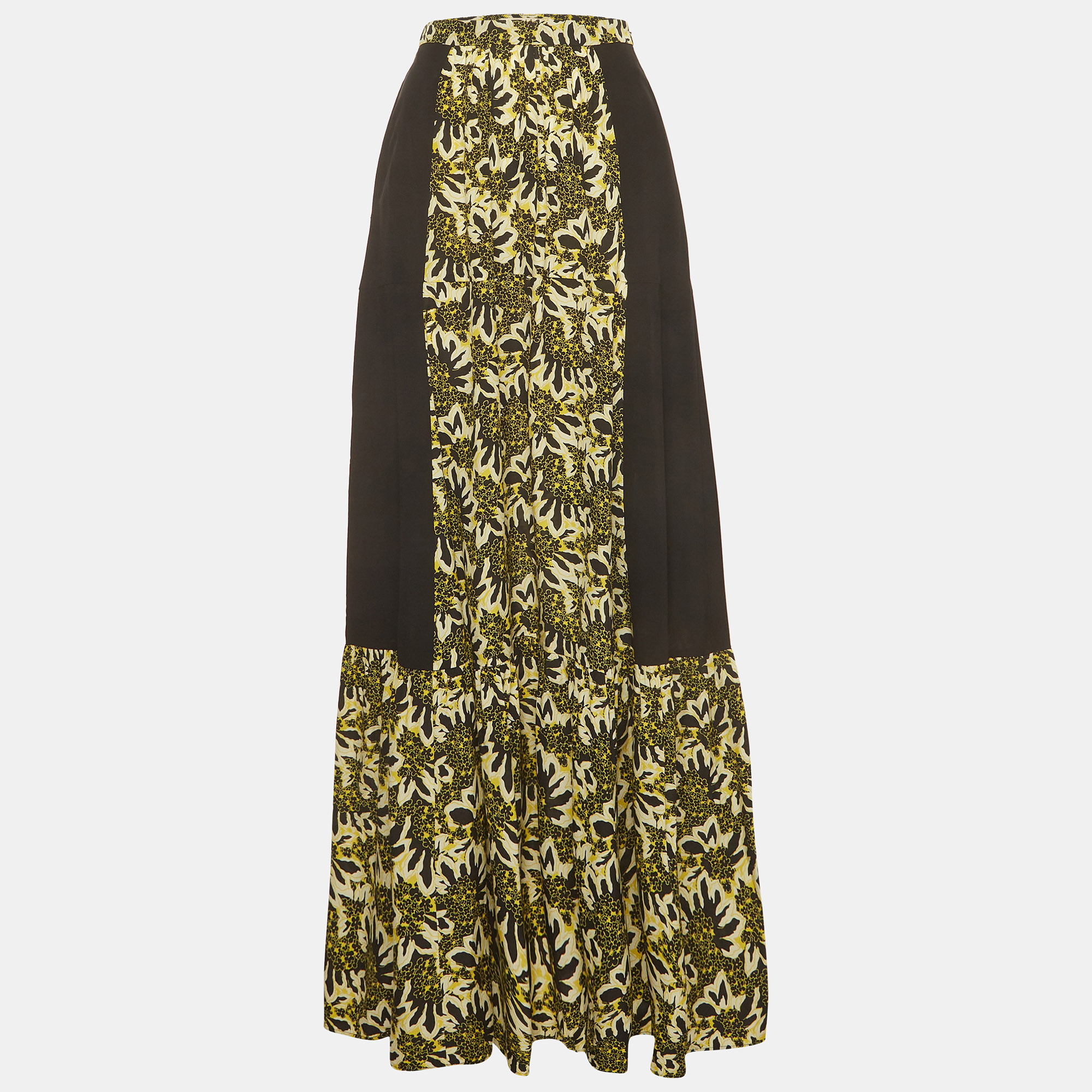 Etro Black/ Yellow Floral Printed Crepe A-Line Midi Dress S