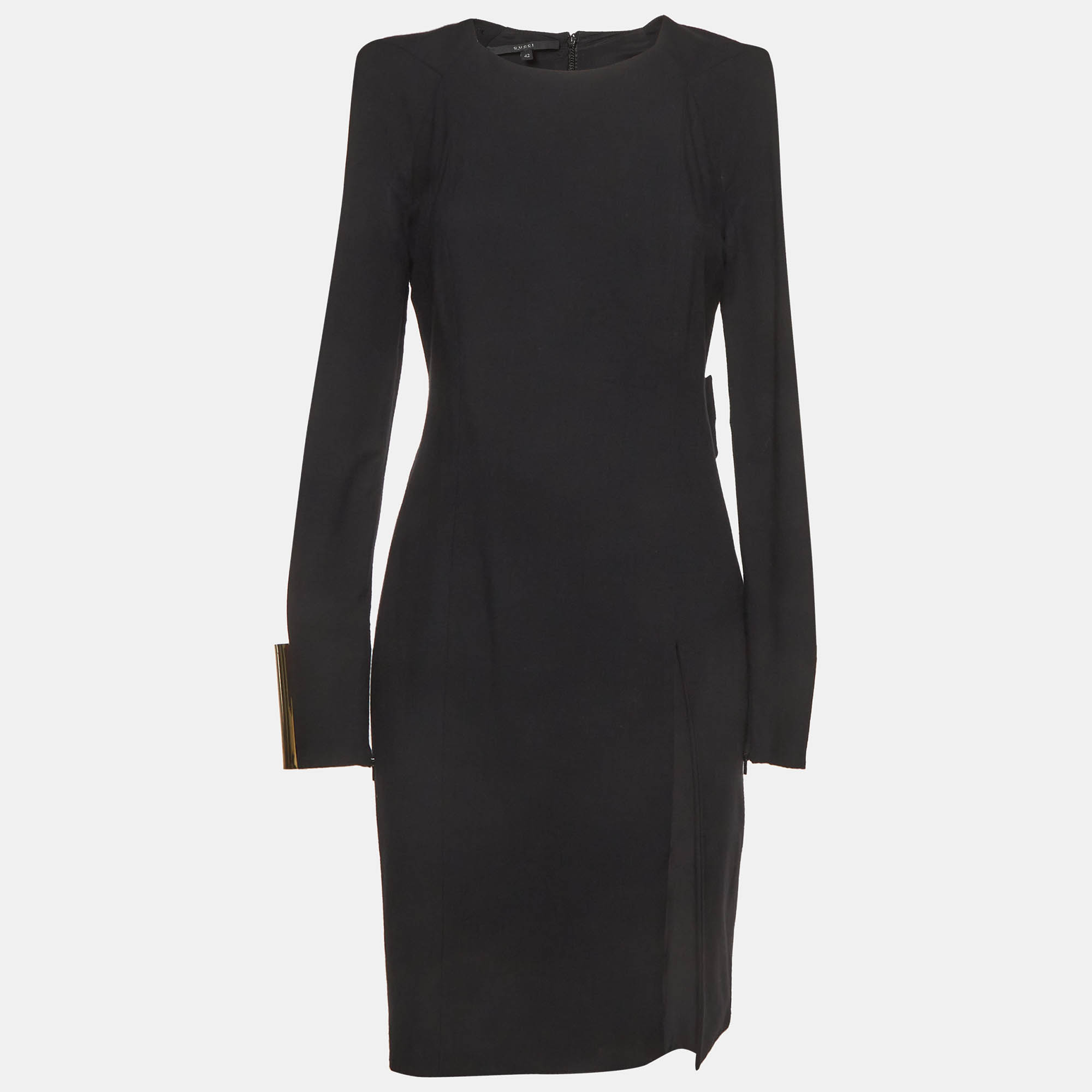 Gucci Black Wool Blend Embellished Cuff Slit Sleeve Short Dress M