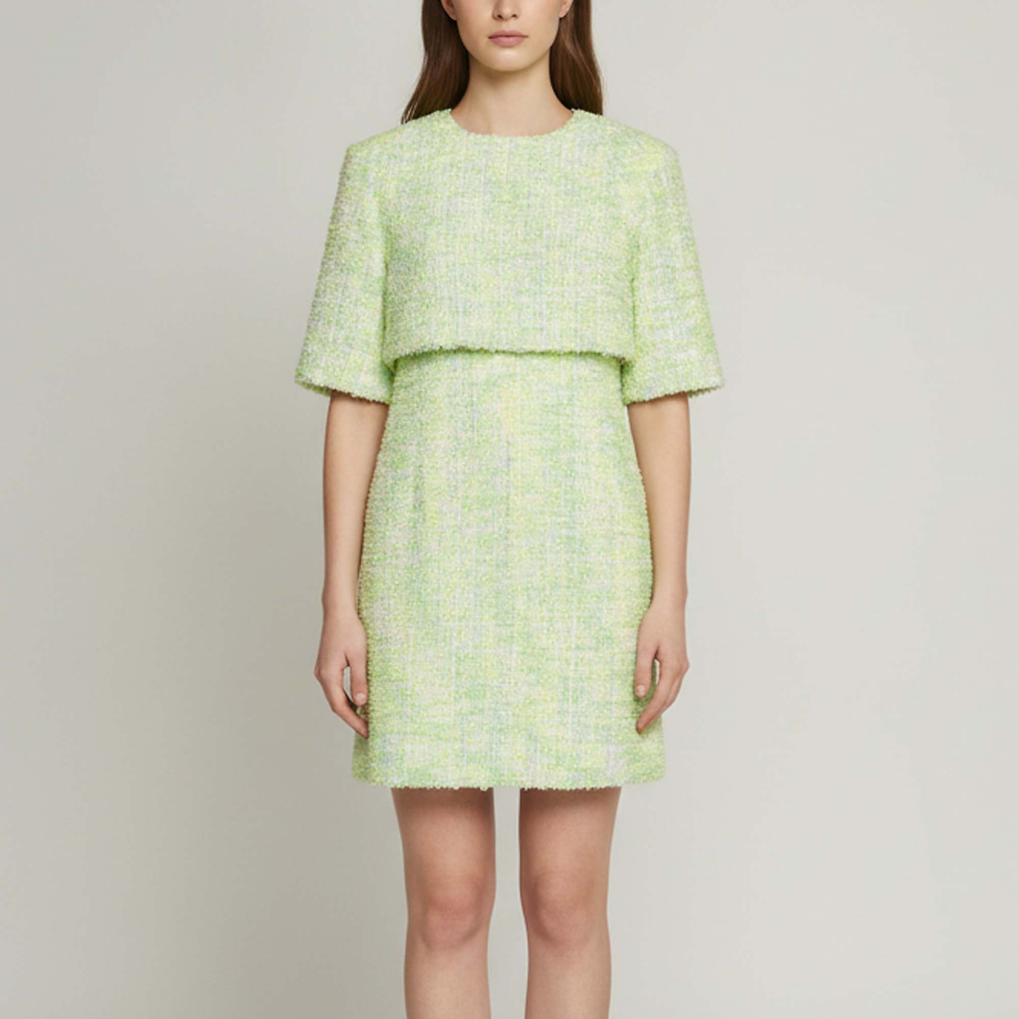 Sandro Bright Green Tweed Layered Short Sleeve Mini Dress S