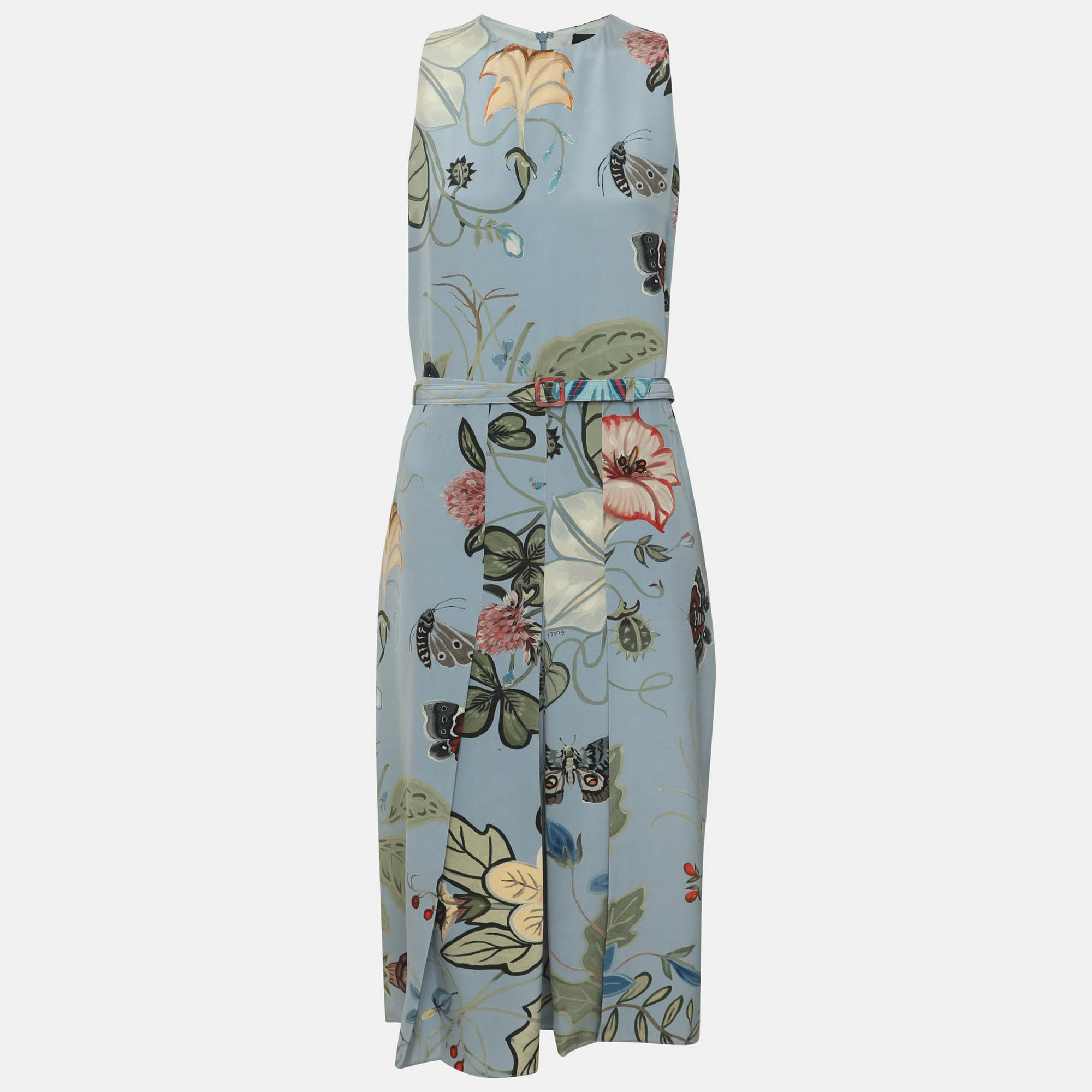 Gucci Blue Floral Print Silk Sleeveless Dress L
