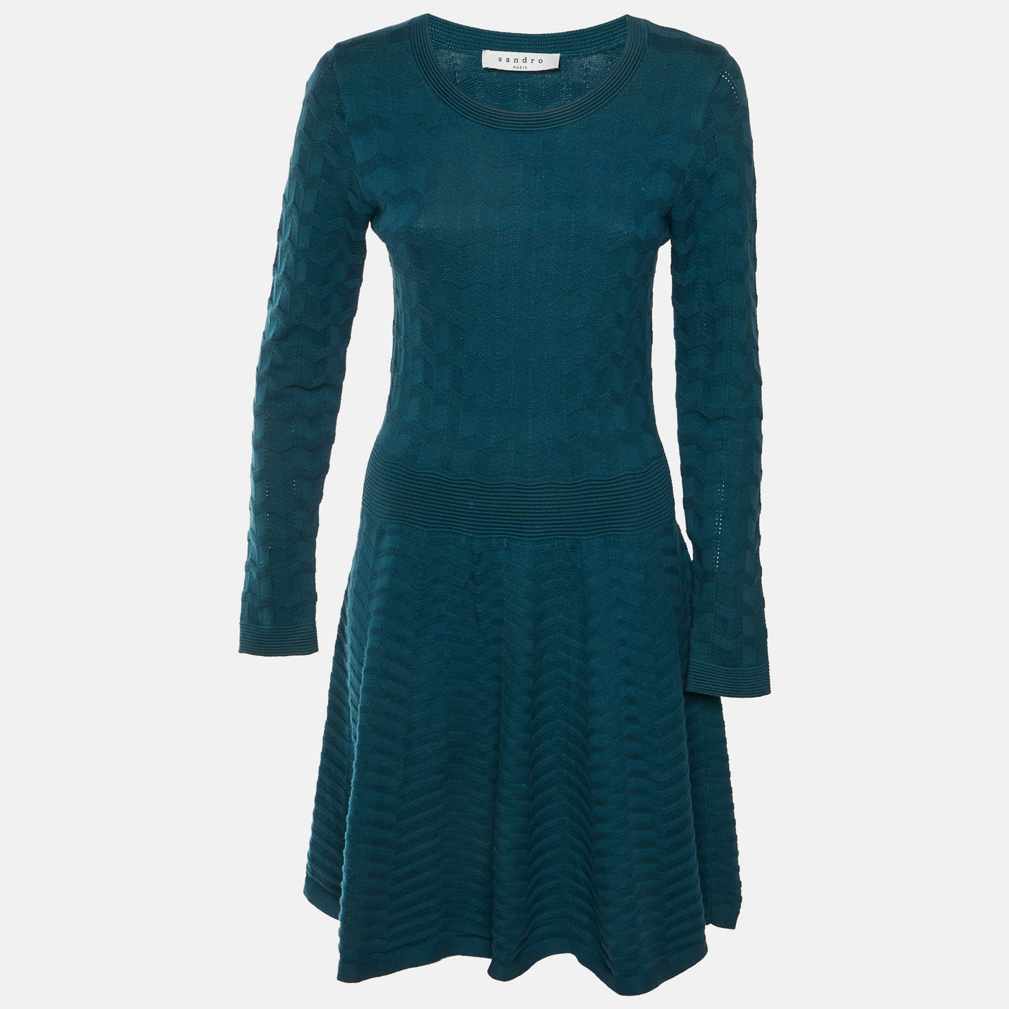Sandro Teal Green Chevron Knit Fit & Flare Dress L