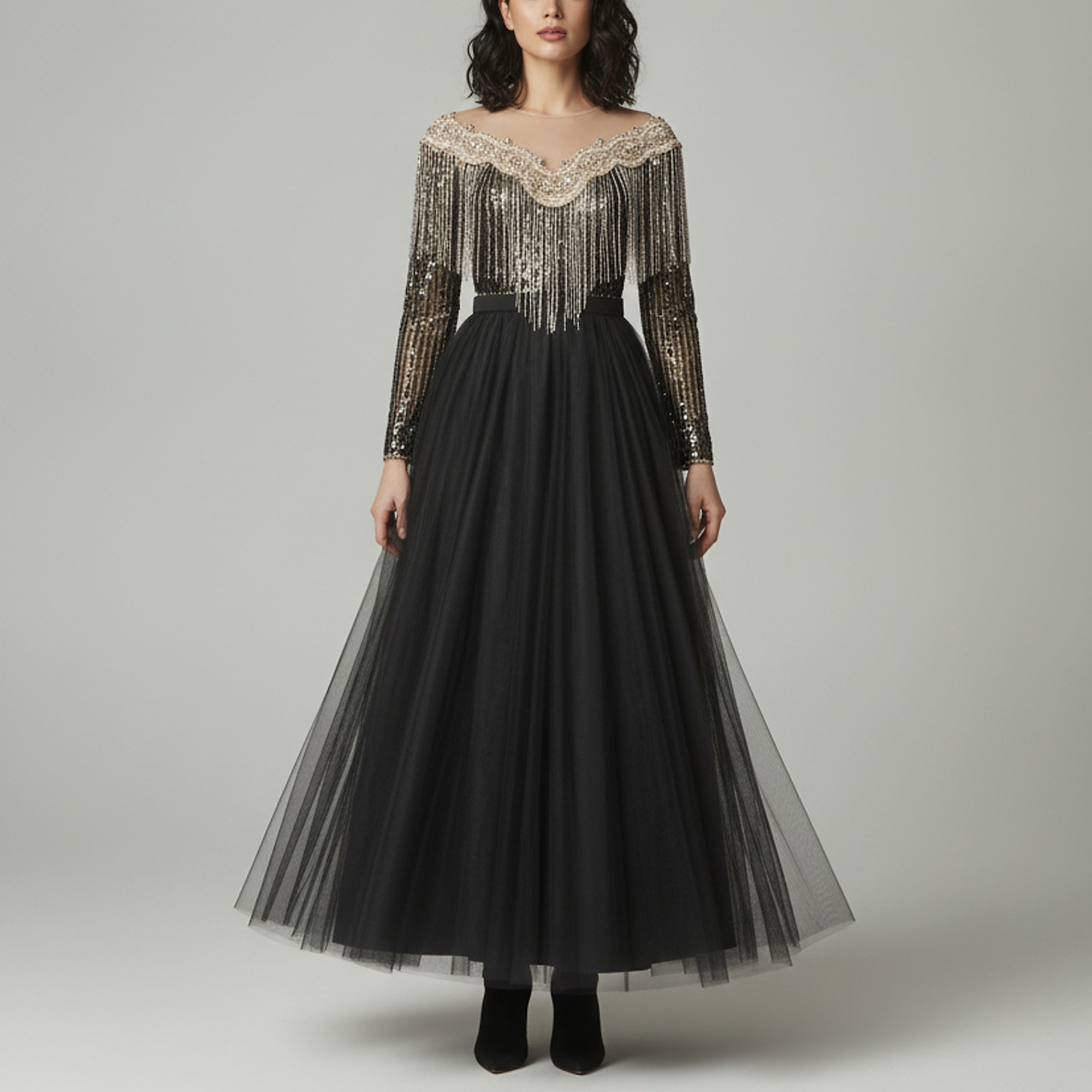 Elisabetta Franchi Black Sequin Embellished Tulle Flared Gown S