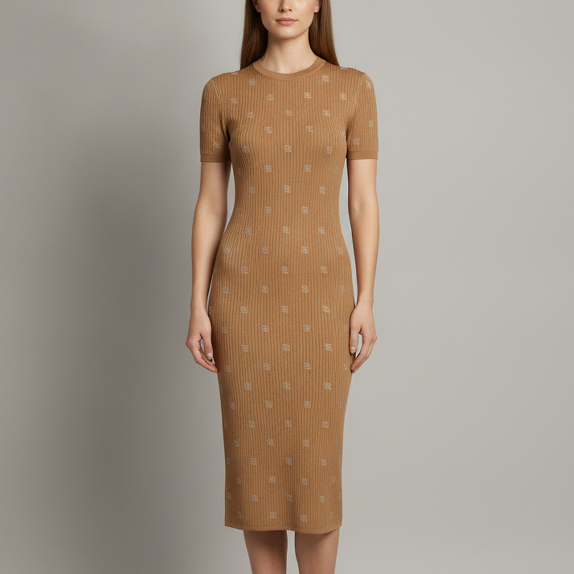 Fendi Brown FF Monogram Rib Knit Short Sleeve Dress S
