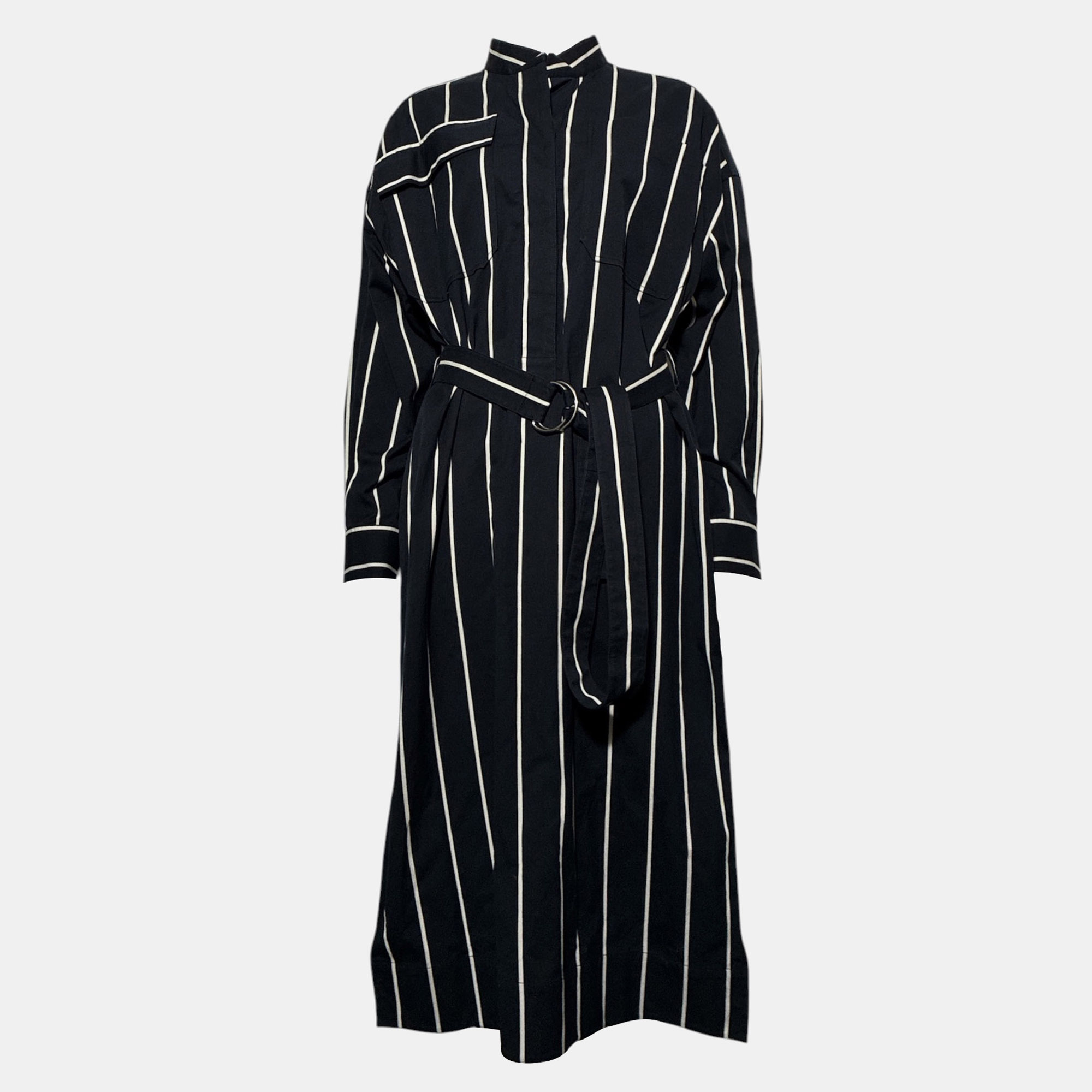 Celine Stripe Belted FR 36 Black Viscose Dress
