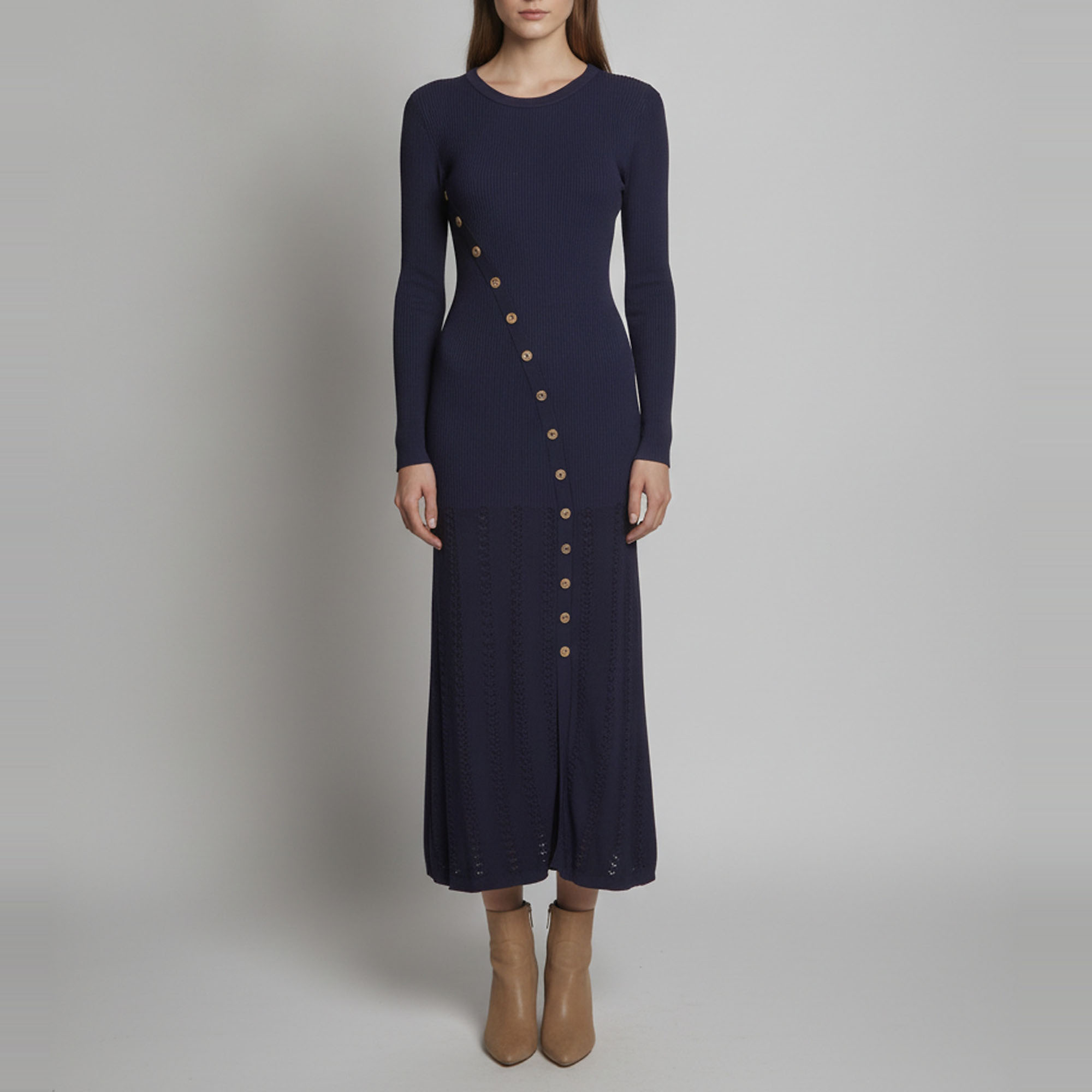 Sandro Navy Blue Rib Knit Button Embellished Maxi Dress S
