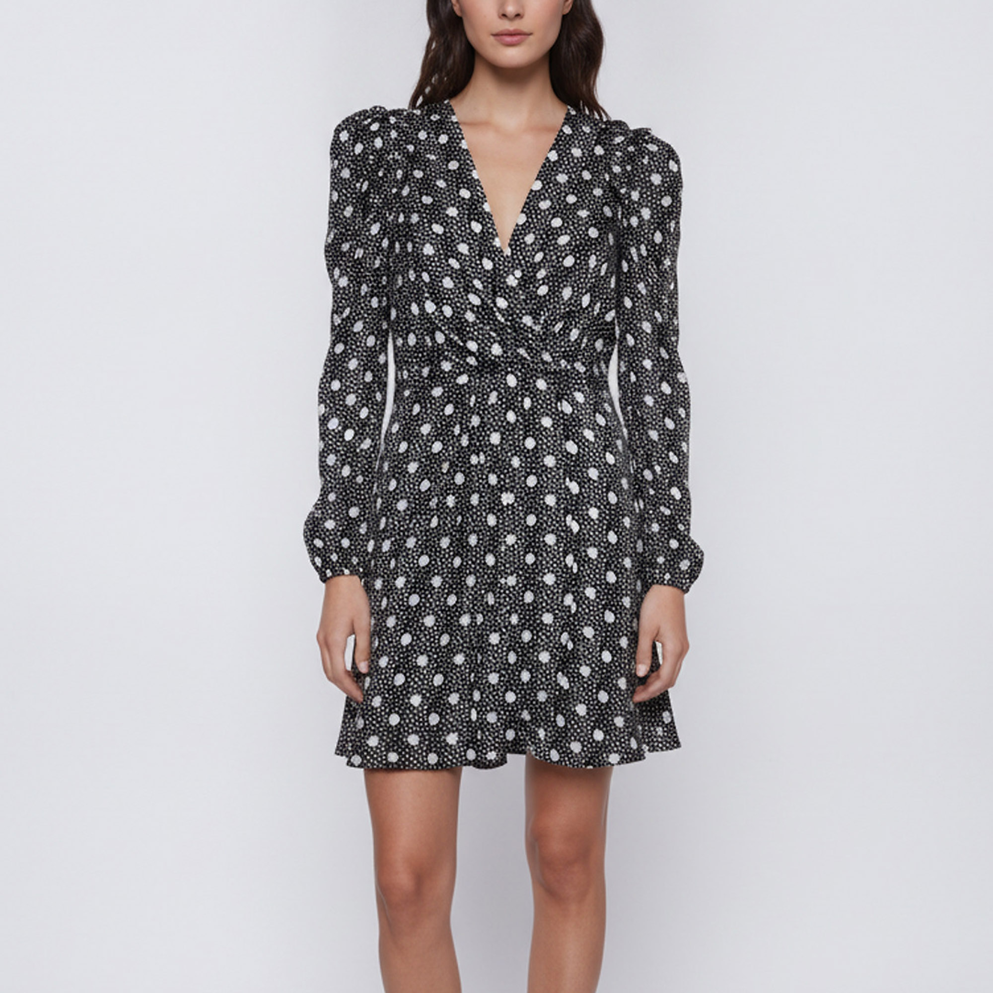 Sandro Black Polka Dots Print Satin Ruffled Mini Dress L