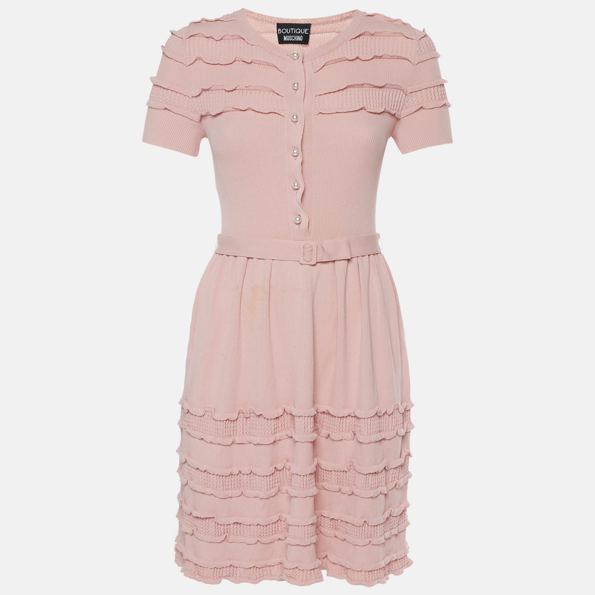 Boutique Moschino Pink Rib Knit Ruffle Midi Dress S