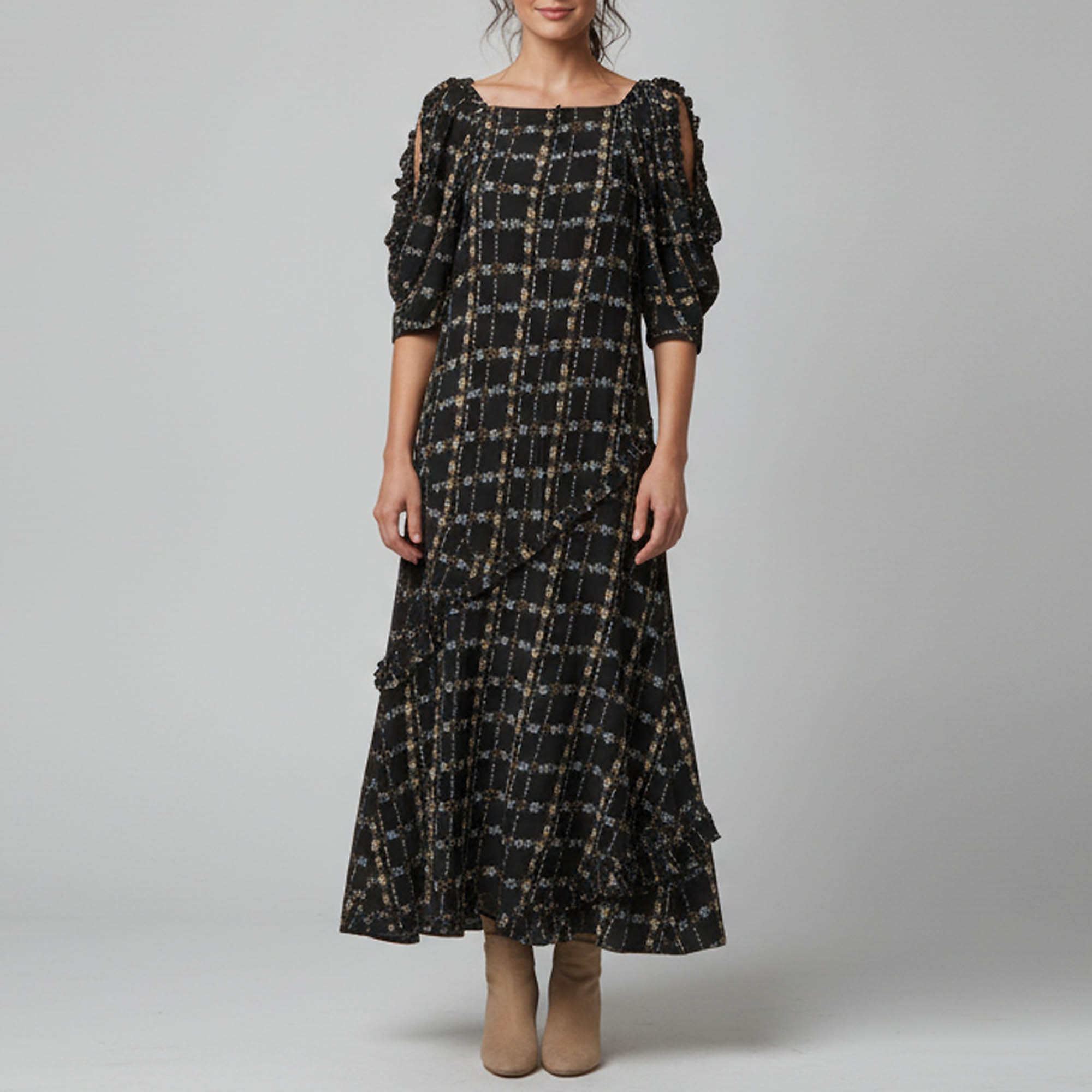 Burberry Black Floral Grid Print Crepe de Chine Midi Dress L