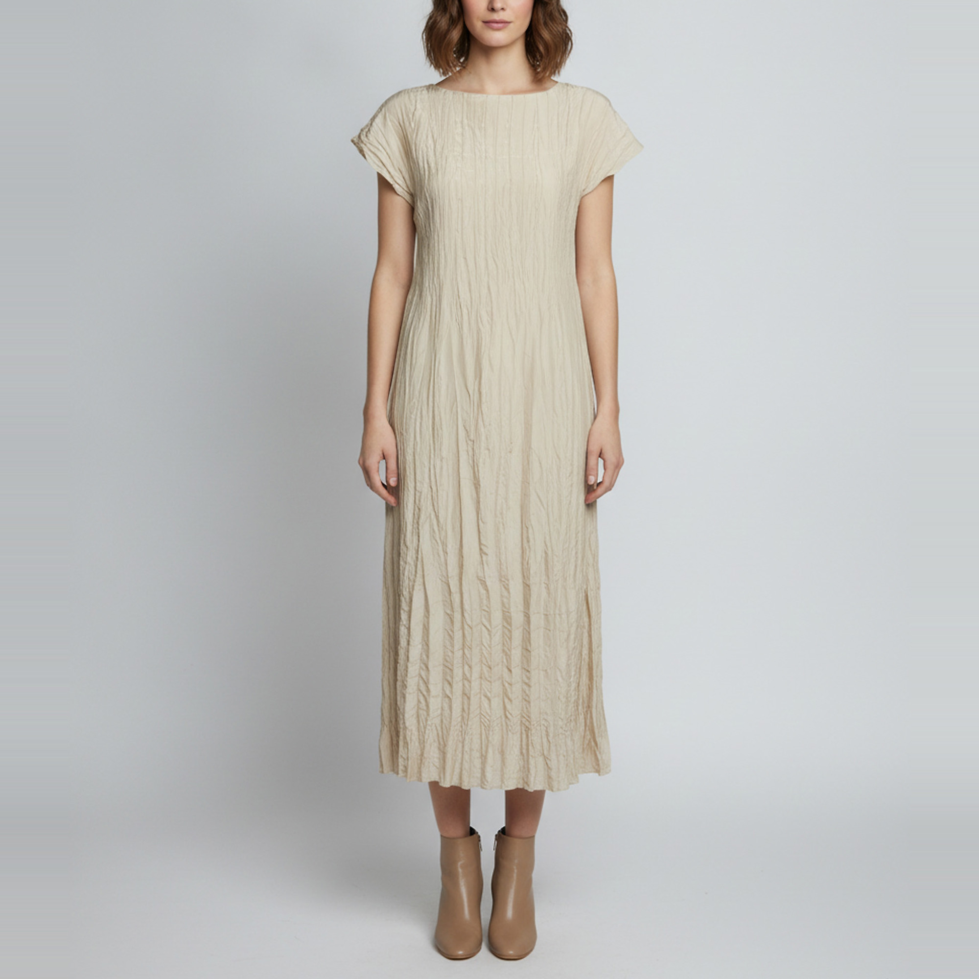 Toteme Beige Crinkled Silk Habutai Cap Sleeve Midi Dress XS