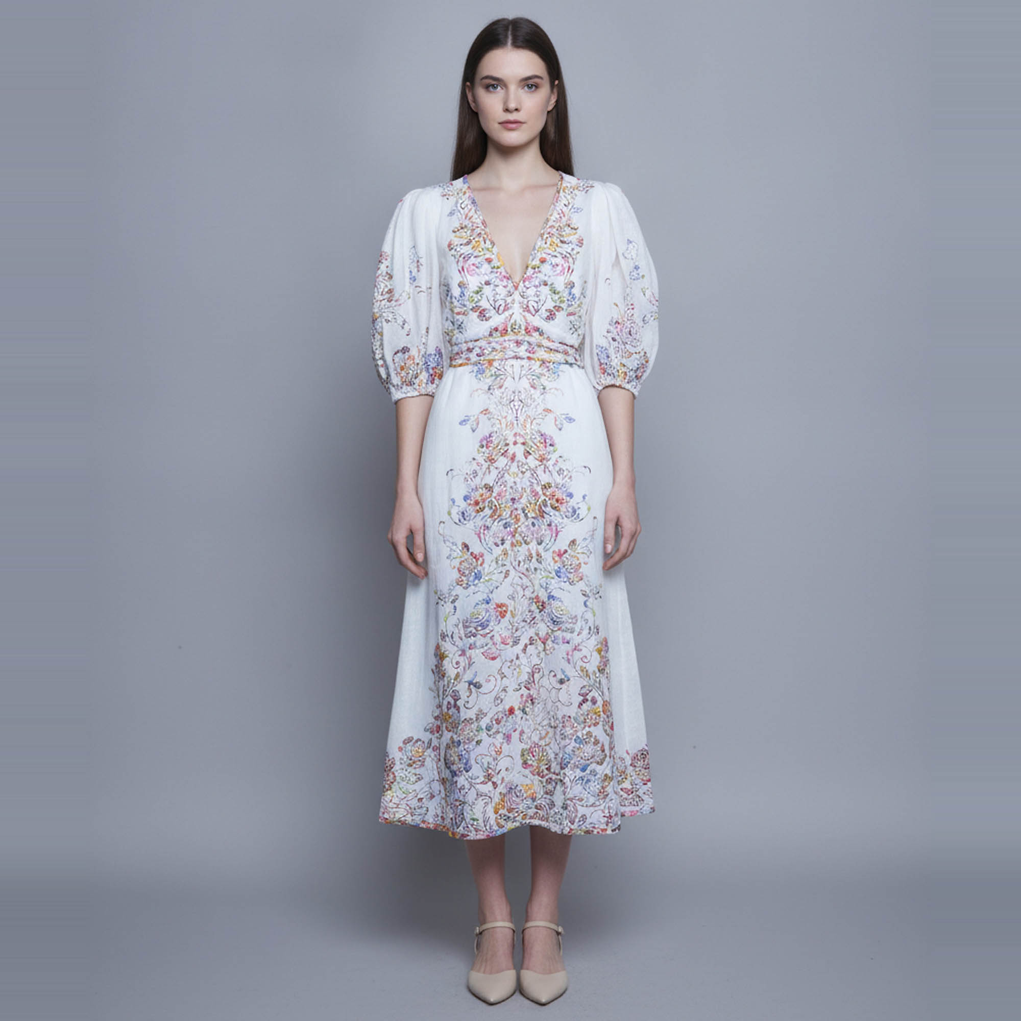 Zimmermann White Floral Print Linen Prima Day Midi Dress L