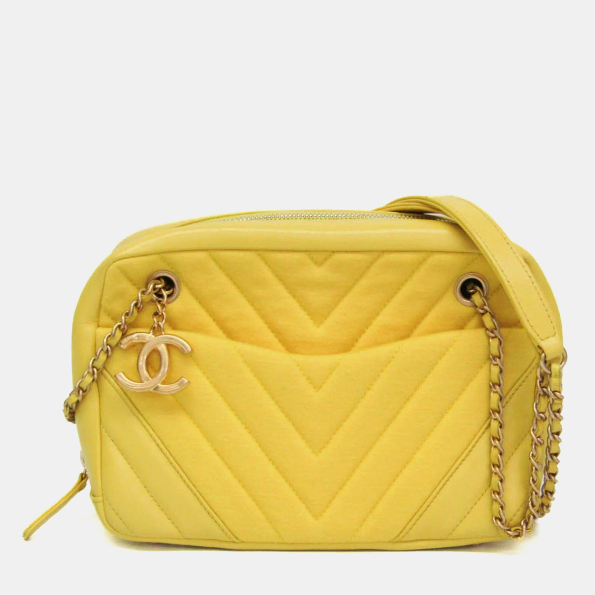 Chanel Chevron V-Stitch Yellow Leather Cotton Shoulder Bag