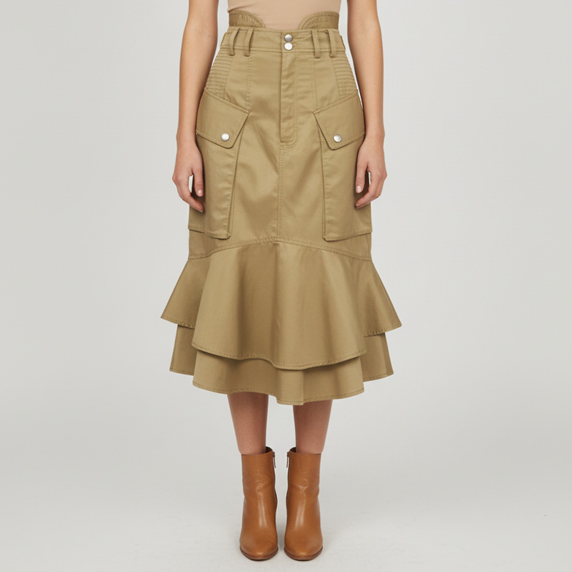 Marissa Webb Green Gabardine Ruffled Cargo Midi Skirt L