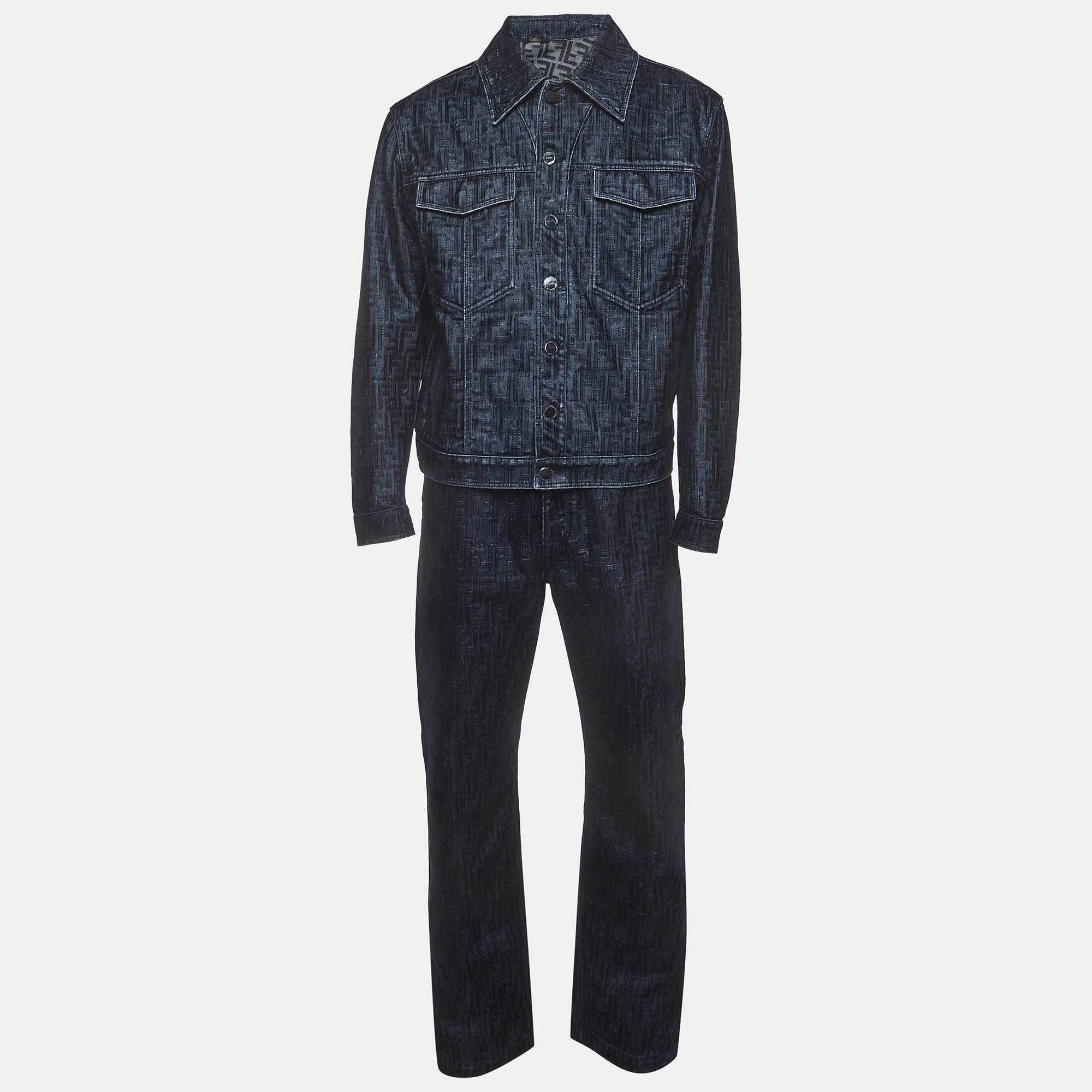 Fendi Navy Blue Monogram Denim Jacket and Jeans Set M/Waist 35"