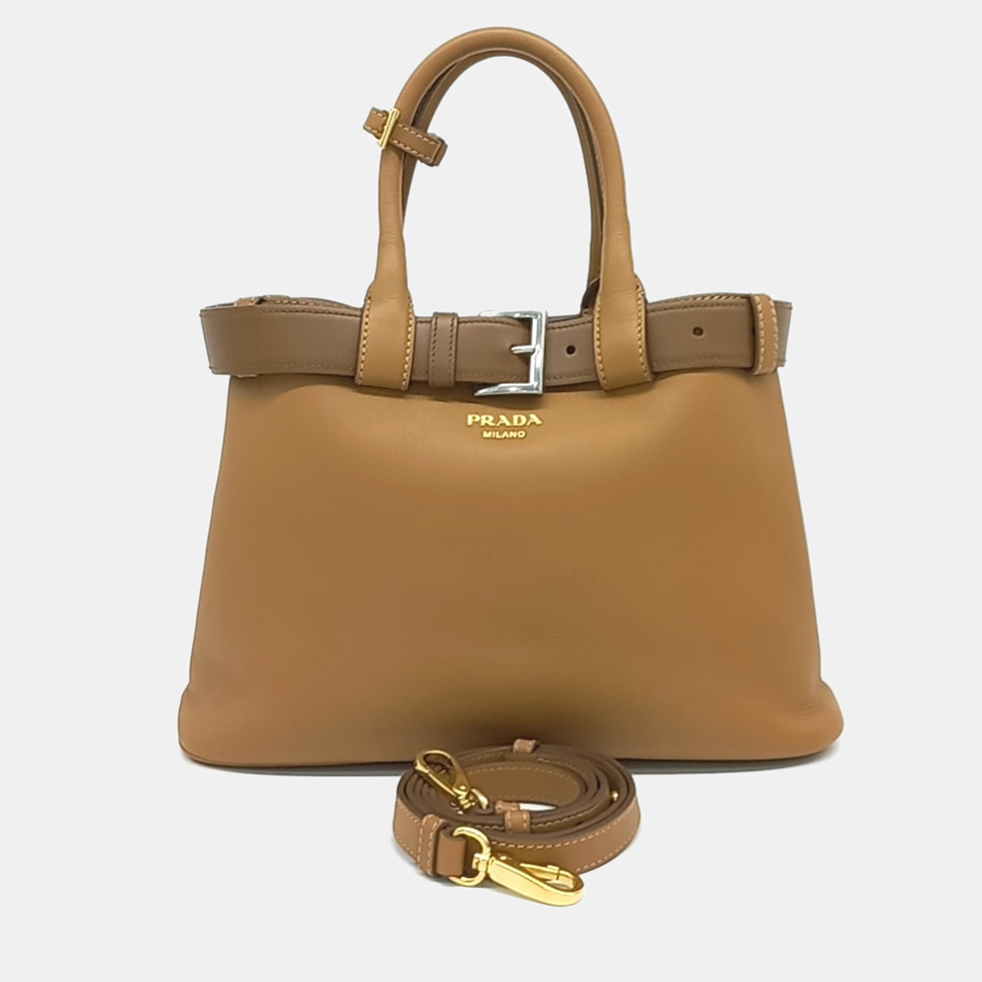 Prada Buckle Bag Medium Brown Calfskin Leather Top Handle Bag