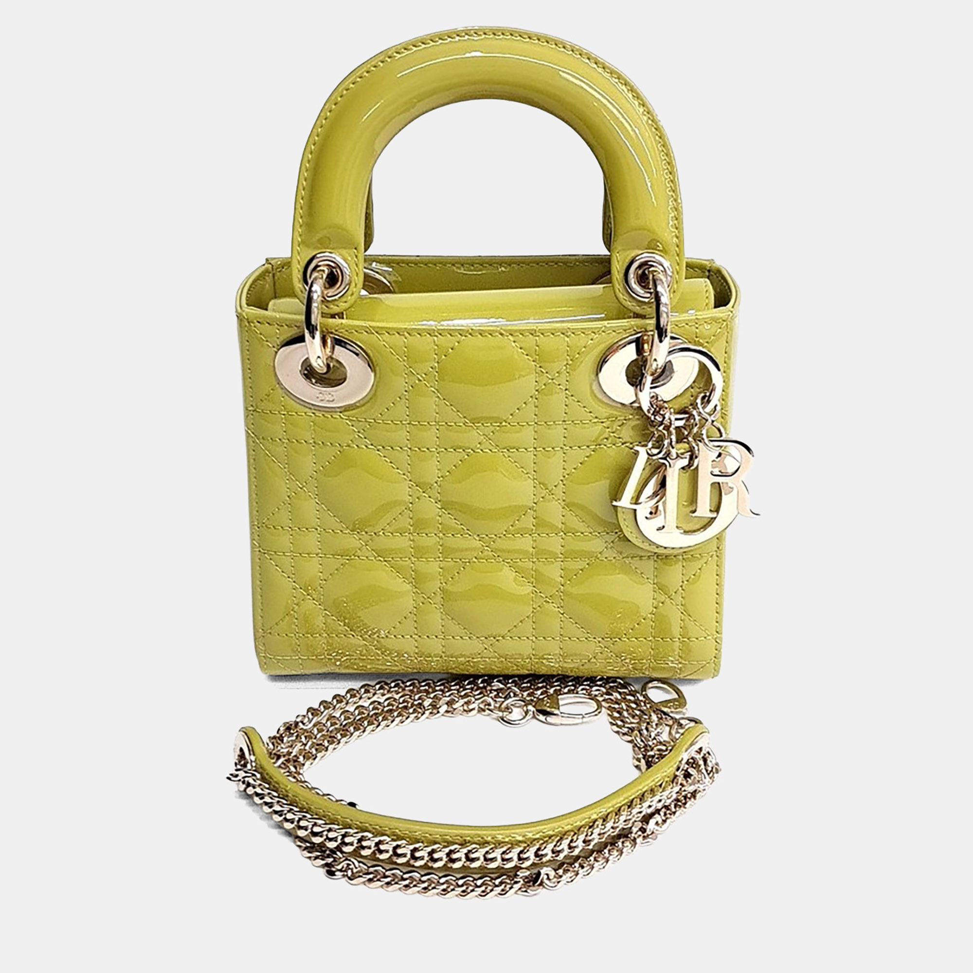 Christian Dior Lady Dior Mini Chartreuse Patent Leather Top Handle Bag