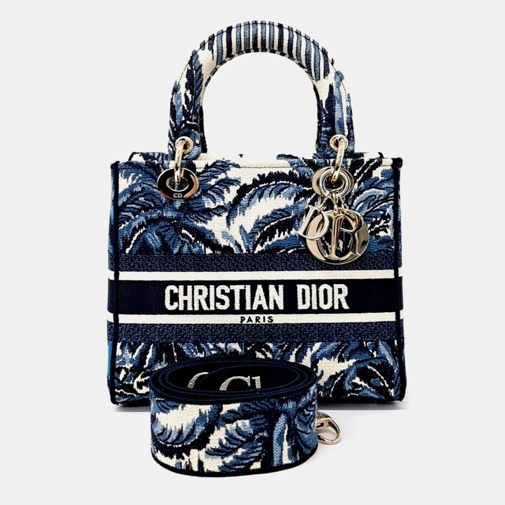 Christian Dior Lady D-Lite Medium Blue White Embroidered Canvas Top Handle Bag