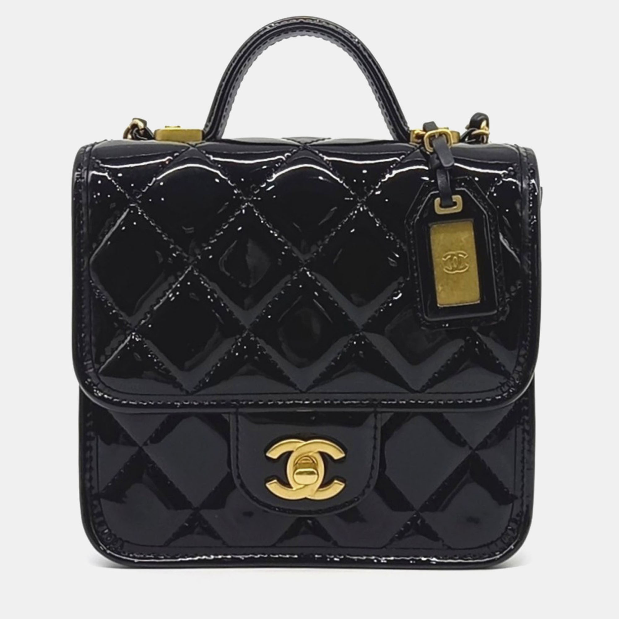 Chanel Small Black Patent Leather Top Handle Flap Bag