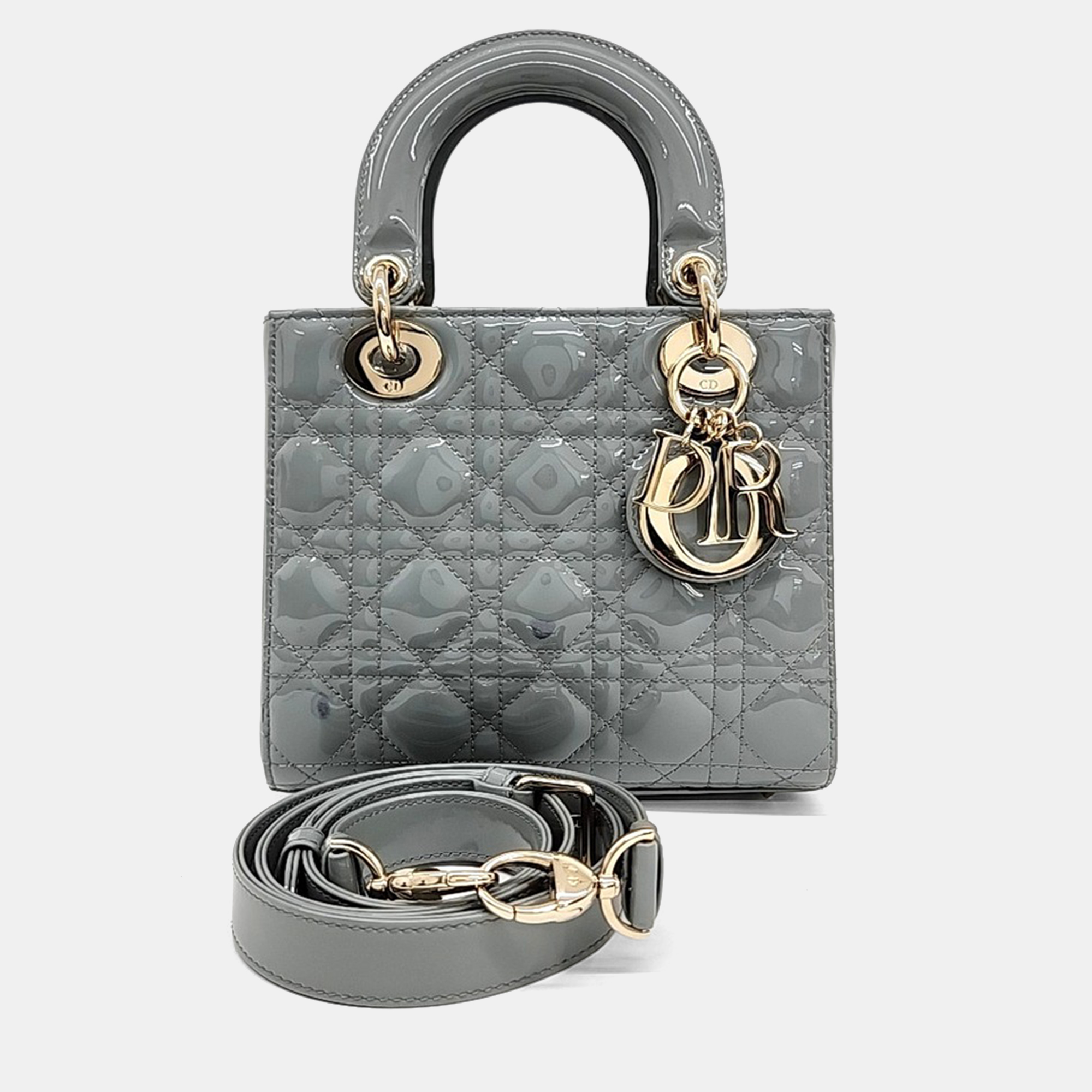 Dior Grey Patent Leather Patent Cannage Lady Bag Small