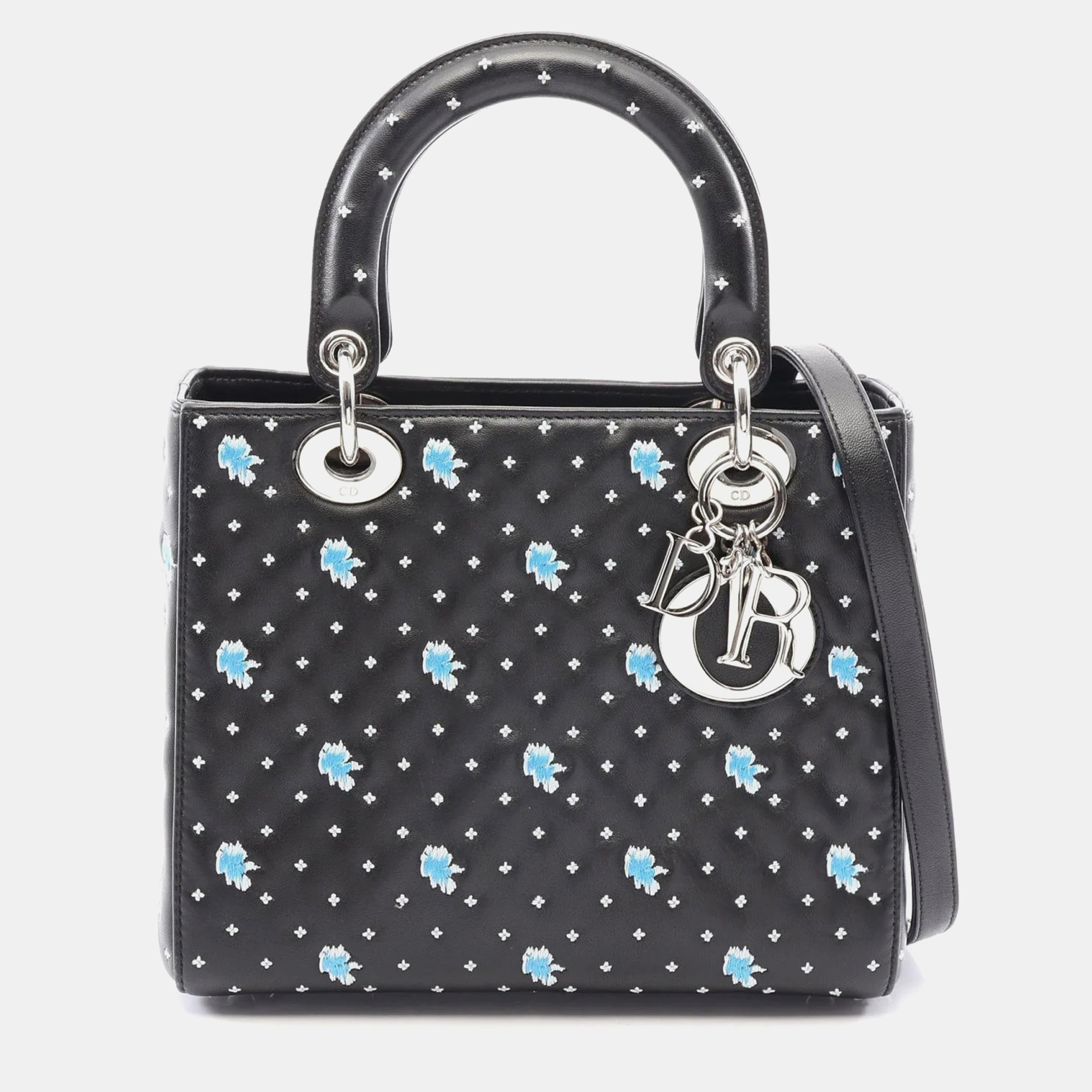 Christian Dior Lady Dior Medium Black White Blue Leather Handbag Bag