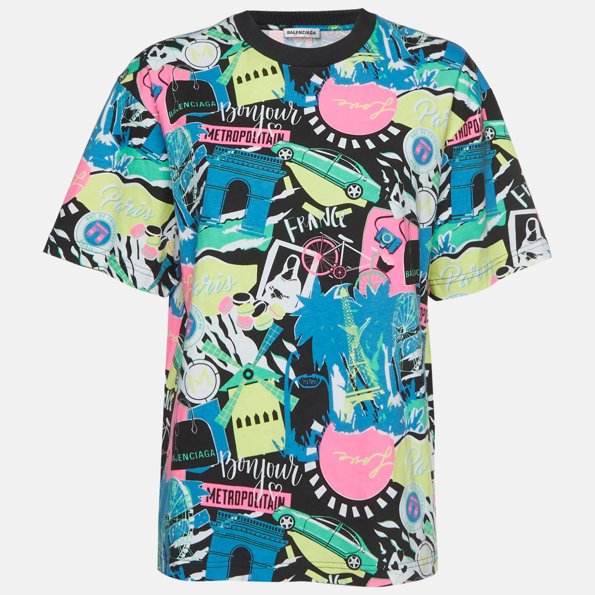 Balenciaga Multicolor Paris Print Jersey Crewneck T-Shirt S