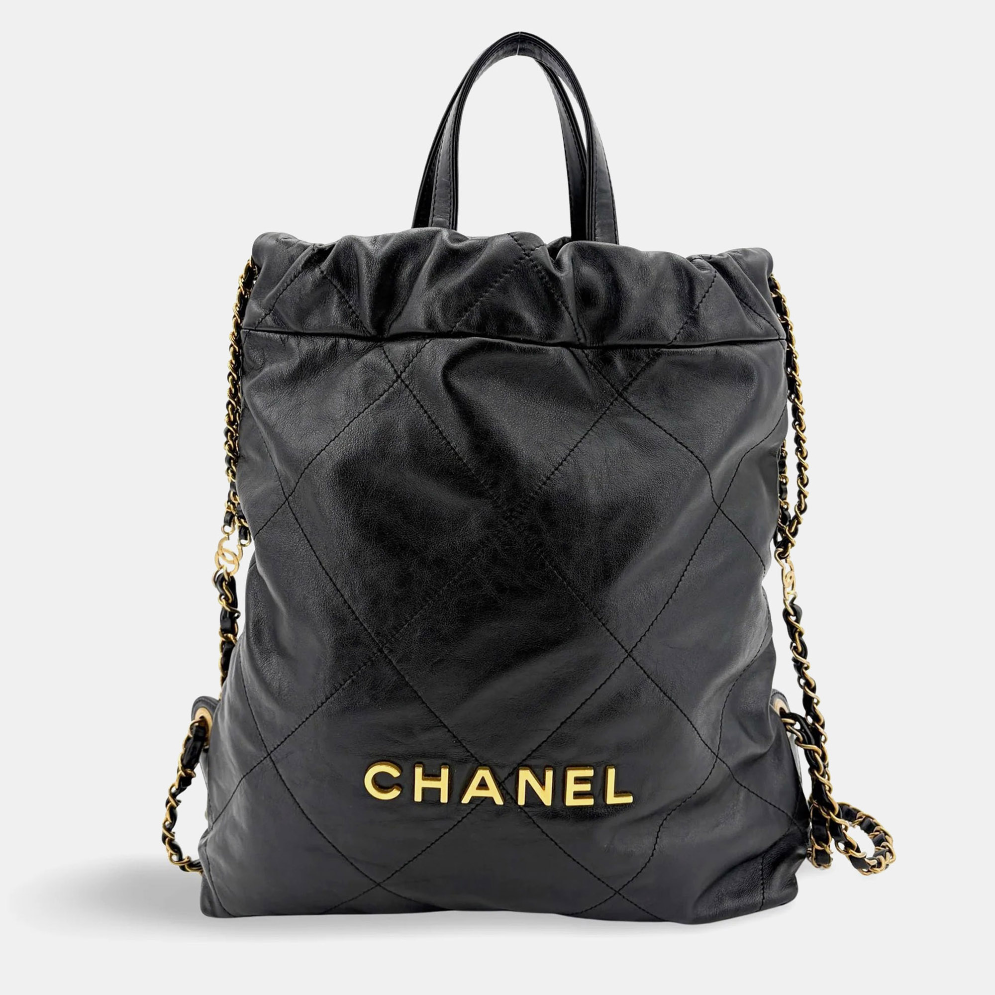 Chanel 22 Black Shiny Calfskin Leather Gold Hardware Backpack Bag
