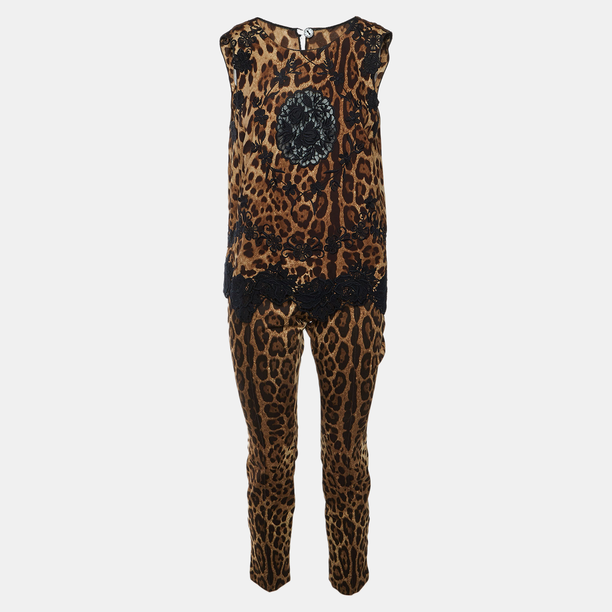 Dolce & Gabbana Brown Leopard Print Cotton Gabardine Top and Pants Set L