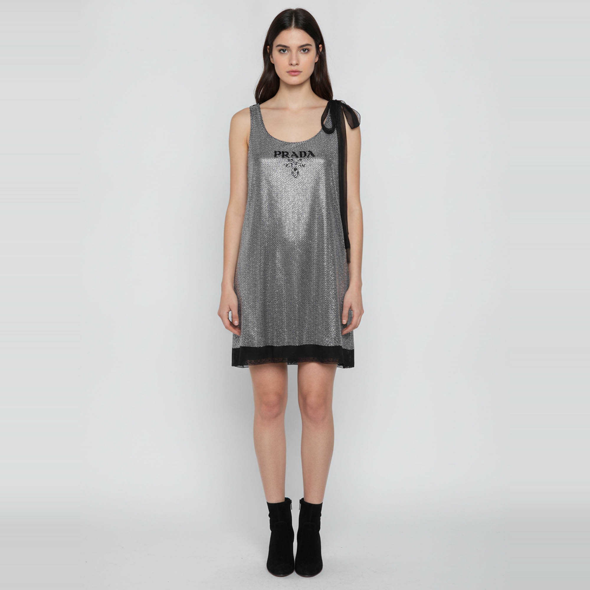 Prada Silver/Black Silk Logo Rhinestone Embellished Mini Slip Dress L