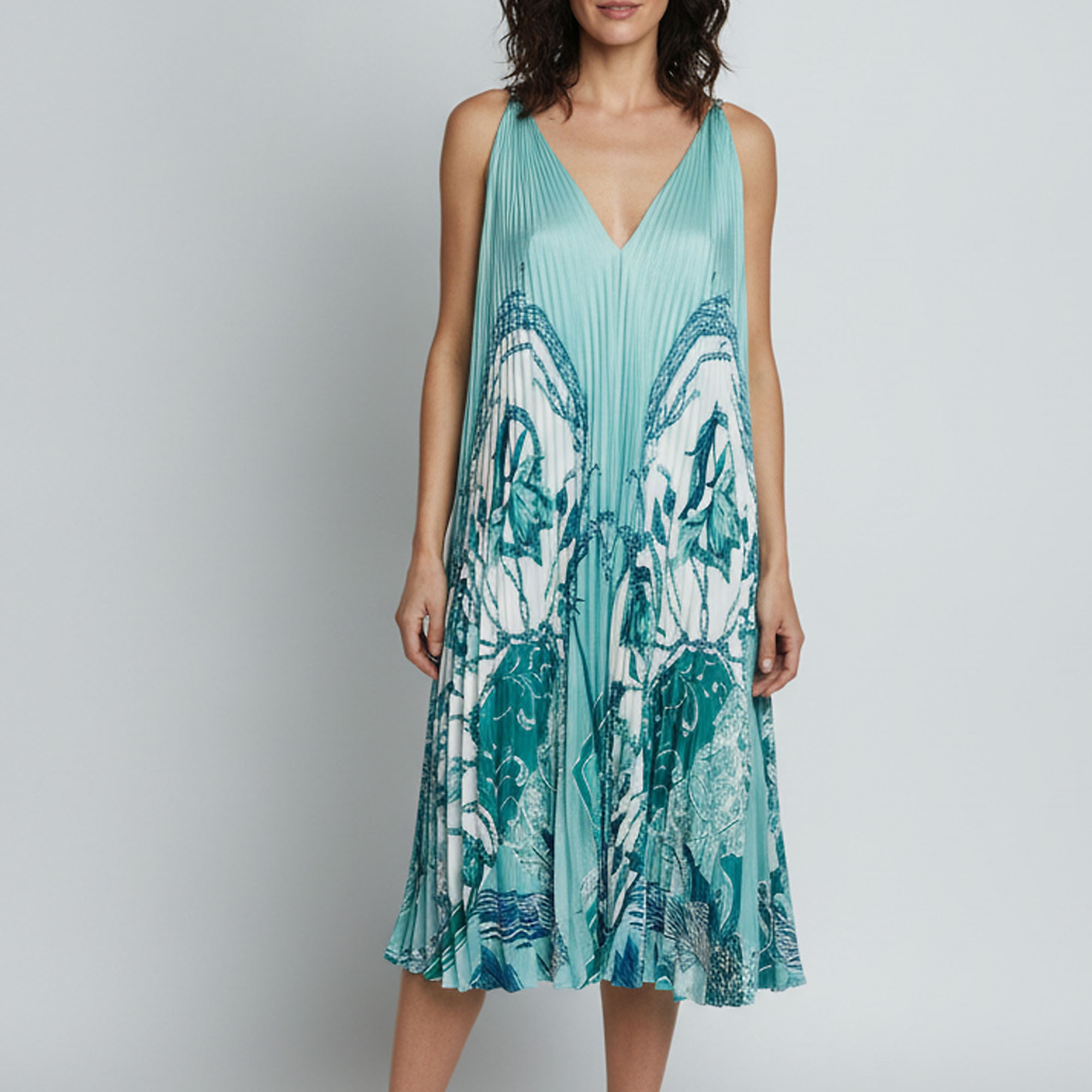 Salvatore Ferragamo Mint Green Floral Print Pliss&eacute; Silk Midi Dress M
