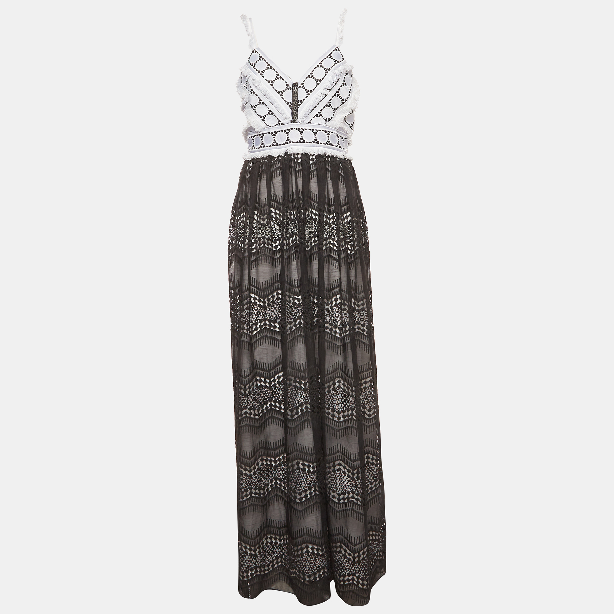 Badgley Mischka Black/White Embroidered Chiffon Strappy Long Dress M