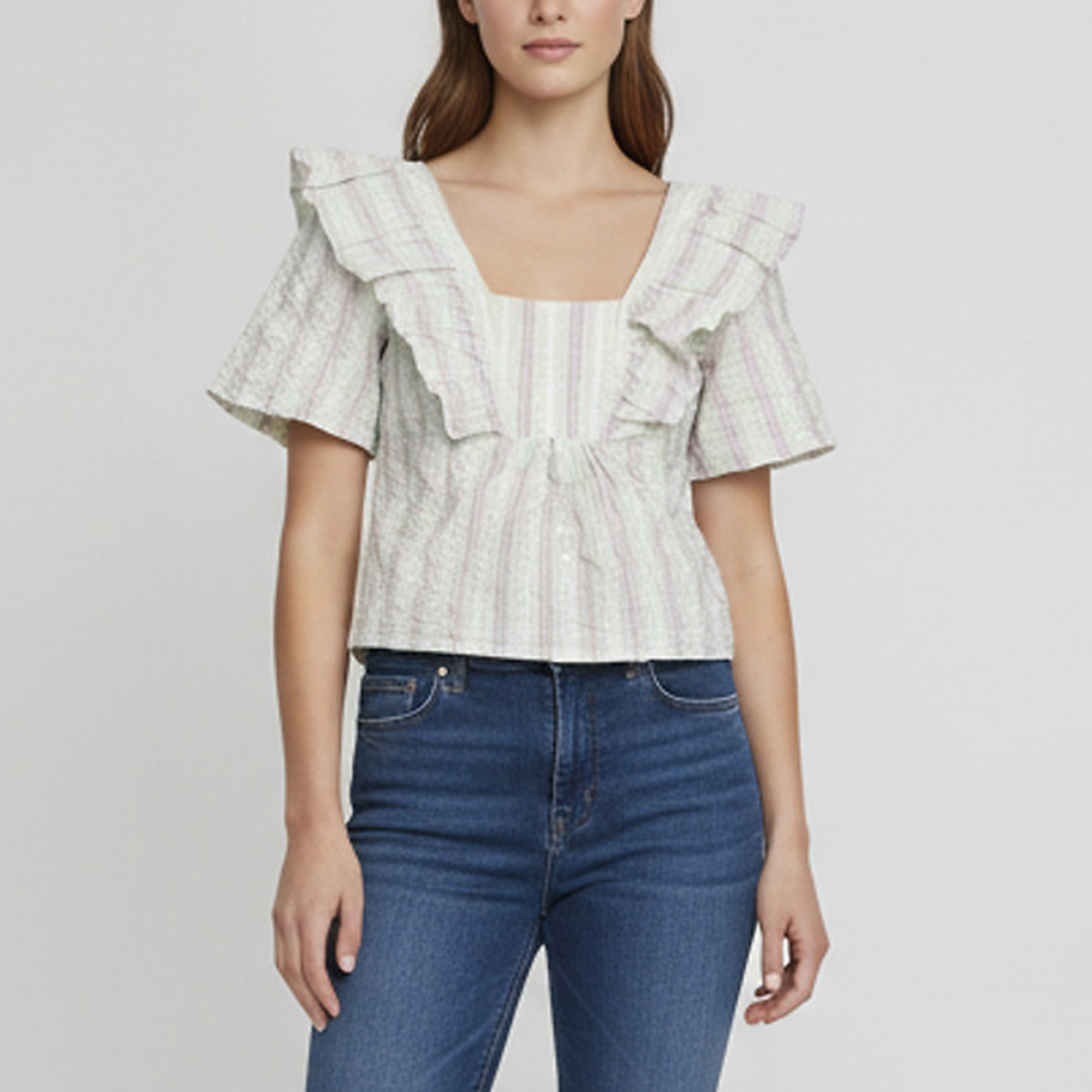 Ganni Multicolour Striped Cotton Blend Ruffled Top XS
