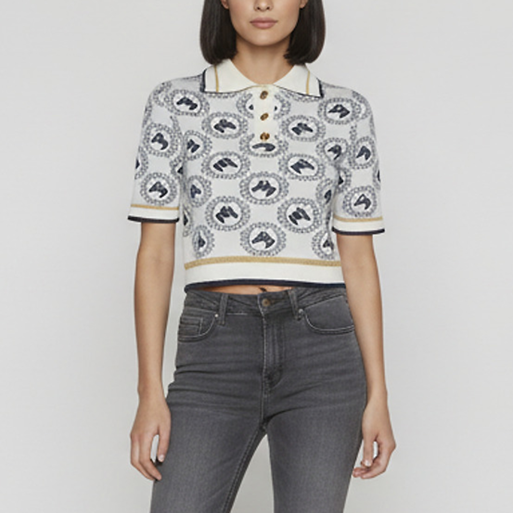 Gucci White/Blue Equestrian Jacquard Knit Polo Top S