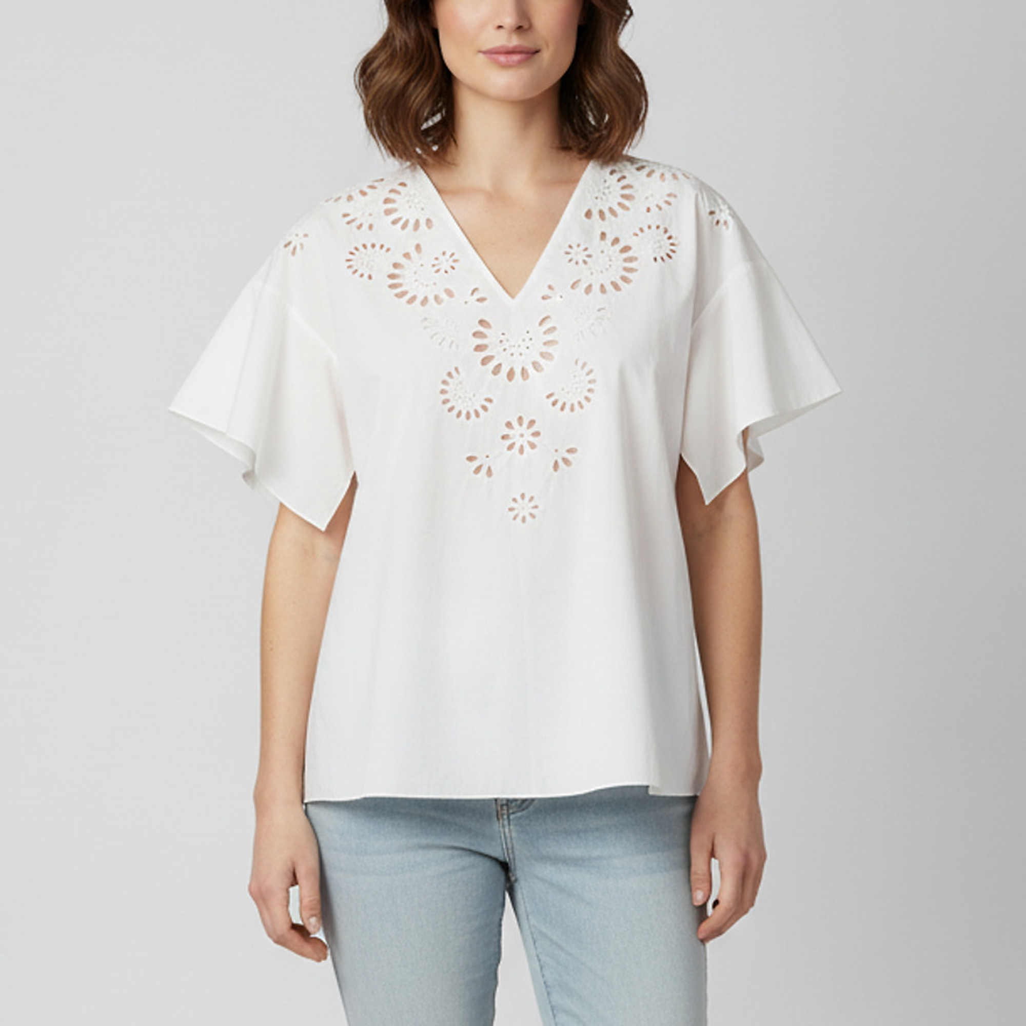 Paule Ka Off-White Floral Embroidery Cotton Top M