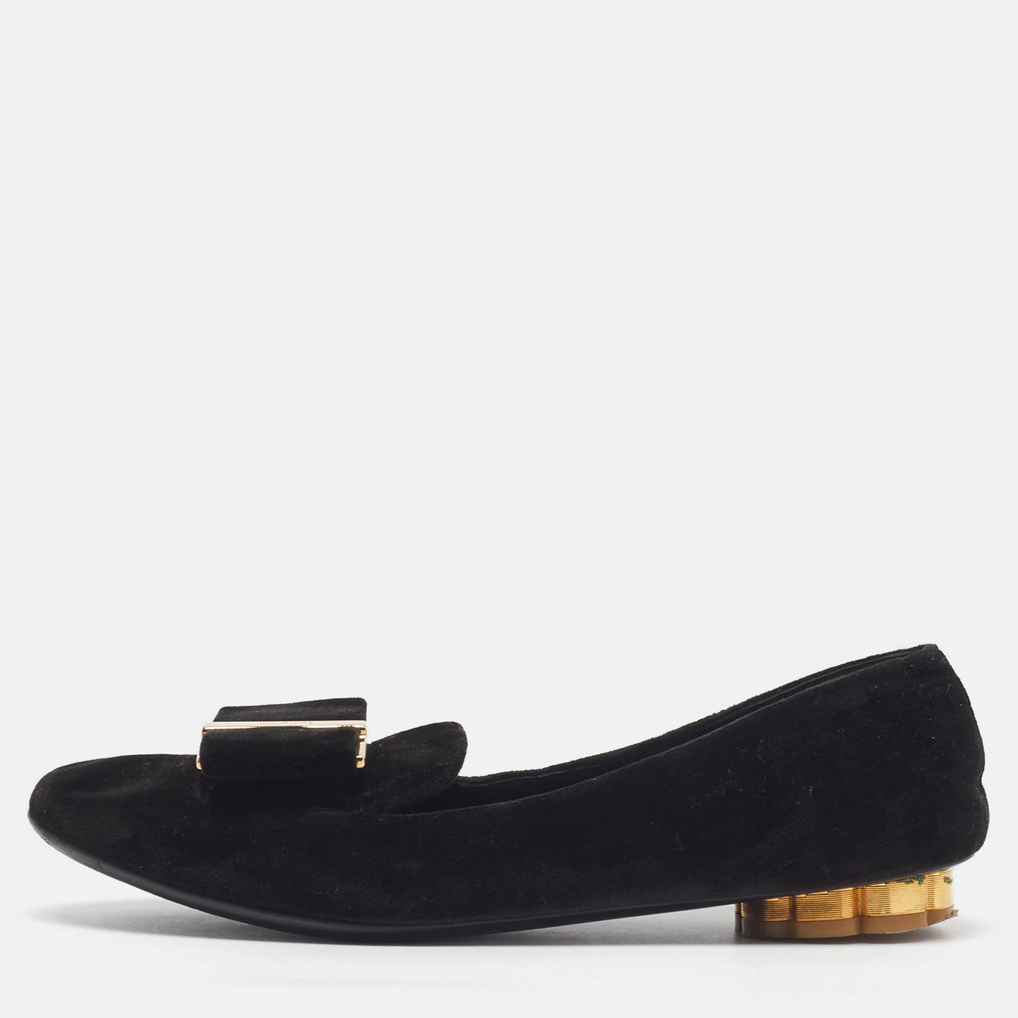 Salvatore Ferragamo Sarno Bow Size 35.5 Flower Heel Black Velvet Loafers