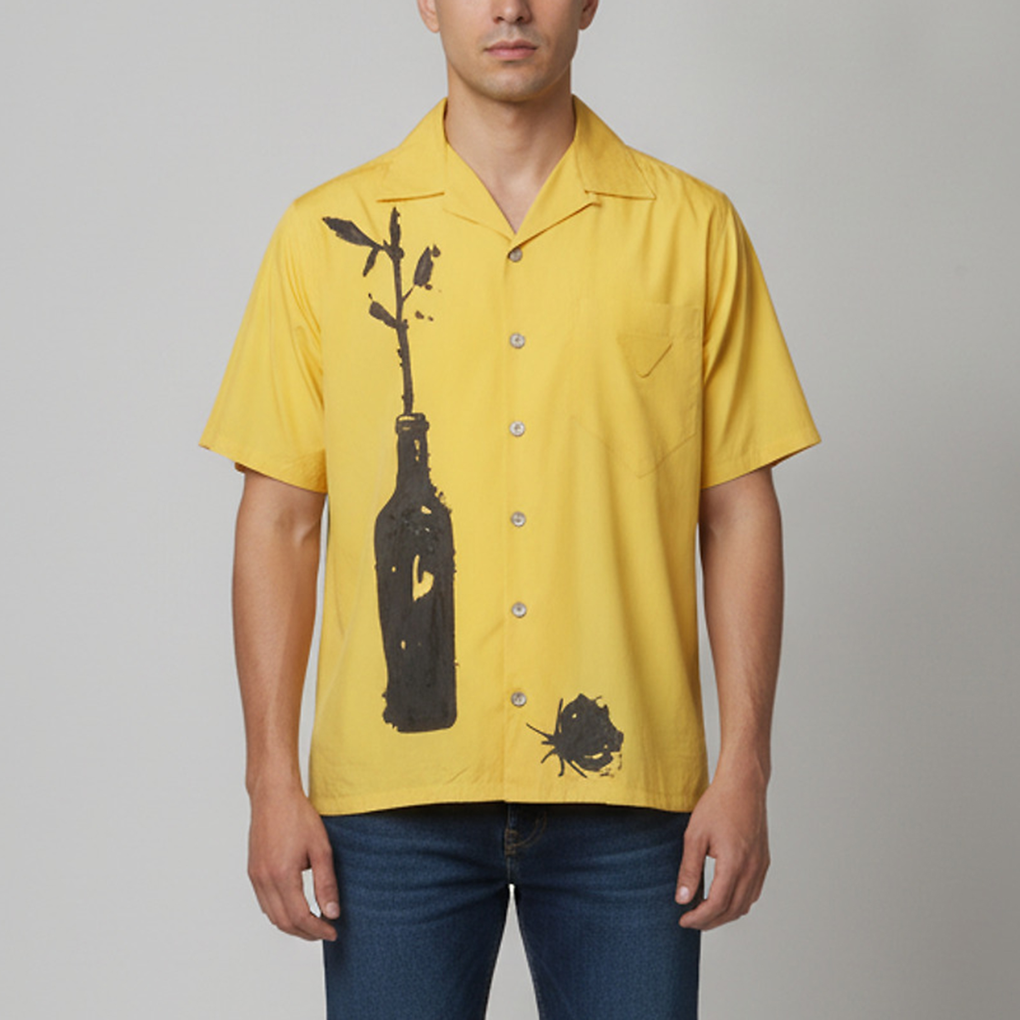 Prada Mustard Yellow Cotton Rose Print Bowling Shirt S