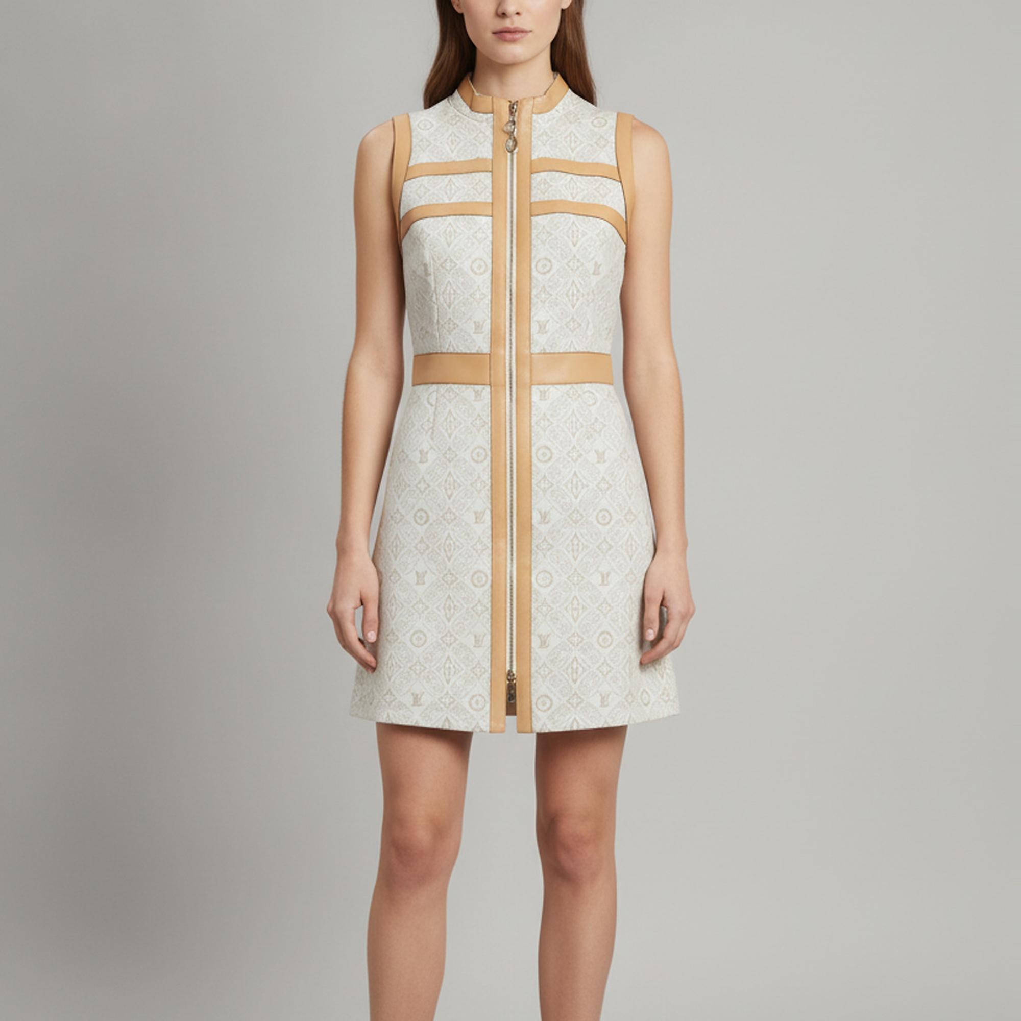 Louis Vuitton Beige Jacquard Leather Trim Sleeveless Mini Dress M