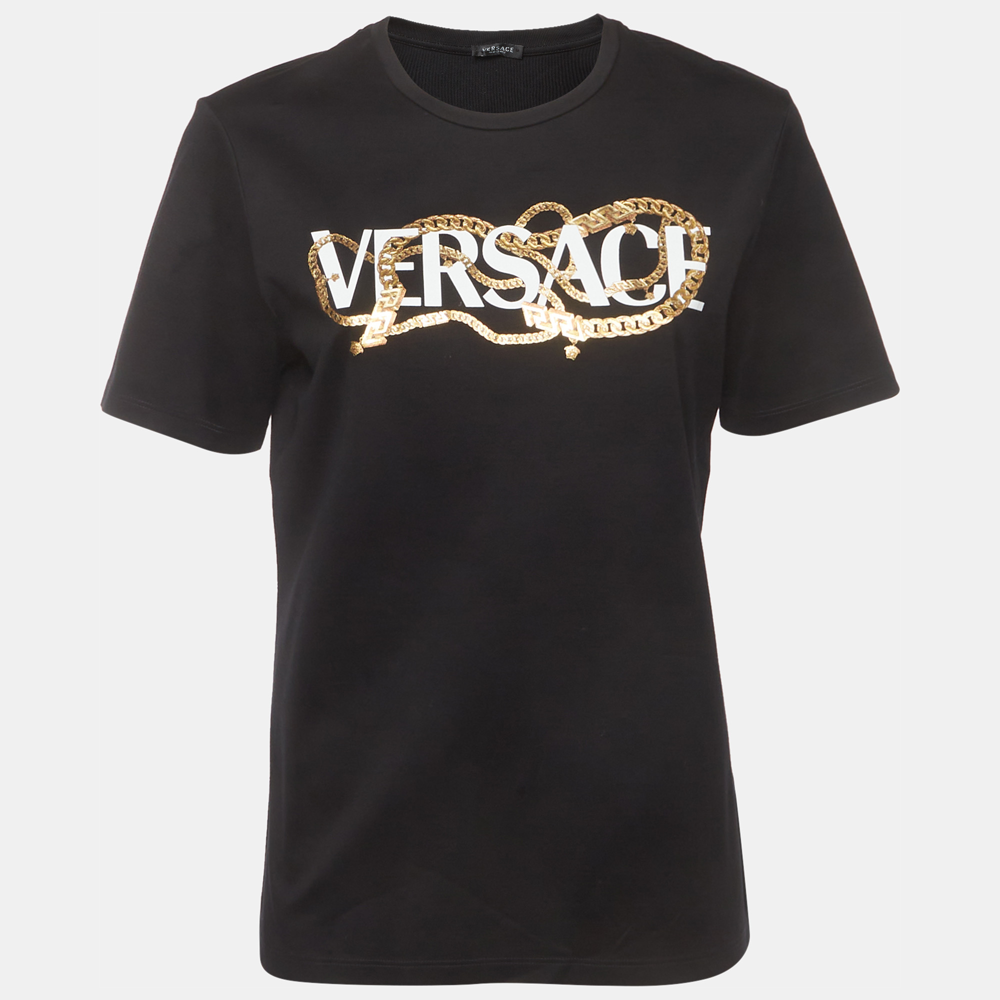 Versace Black Logo Chain Necklace Print Cotton Crewneck T-Shirt M