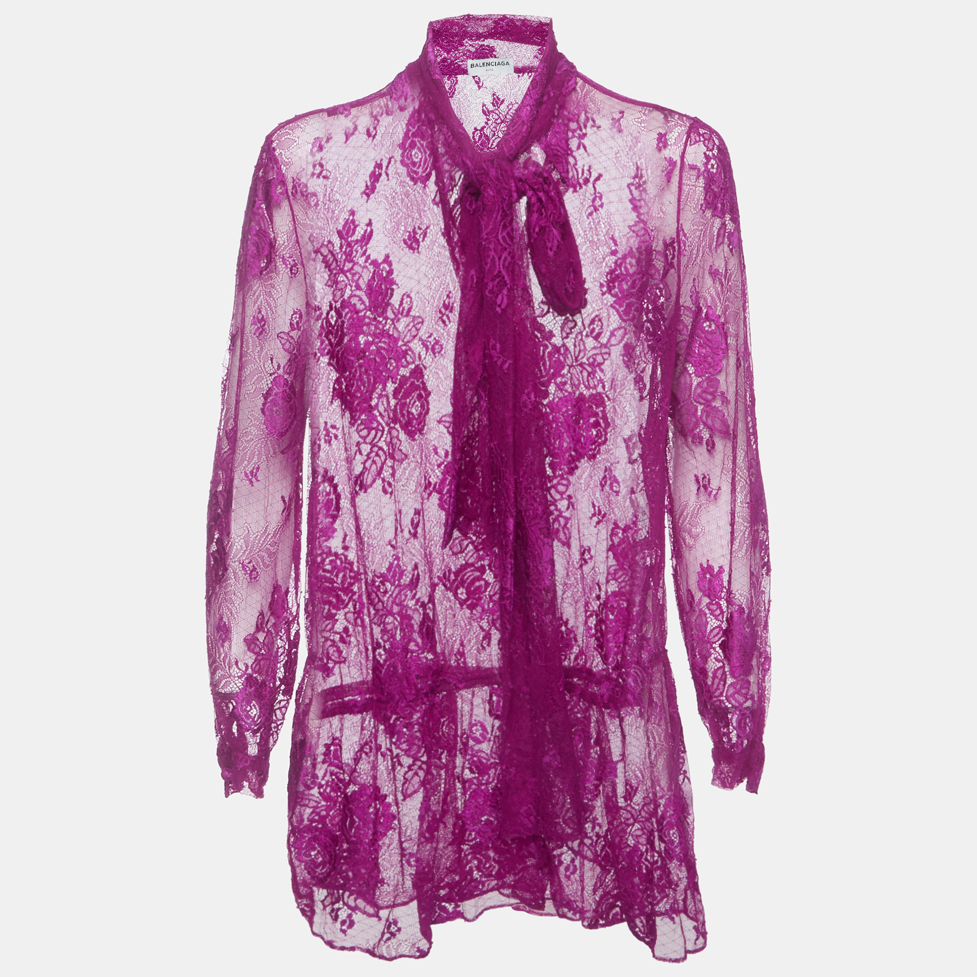 Balenciaga Fuchsia Floral Lace Sheer Neck Tie Top M