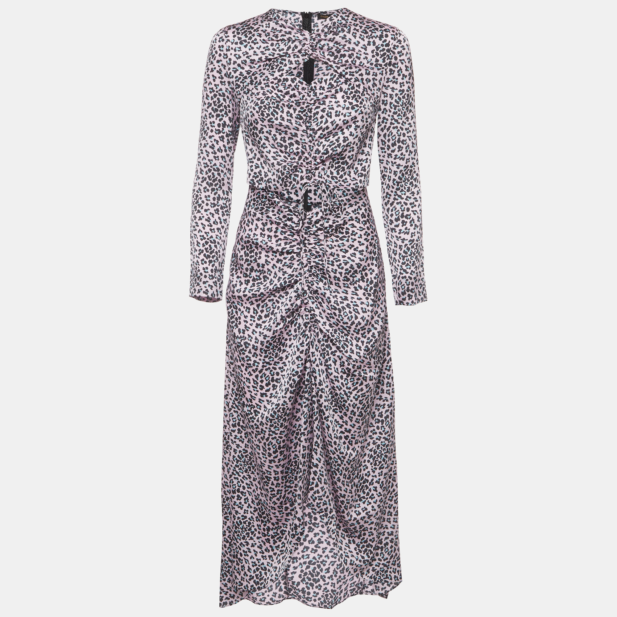 Maje Pink Leopard Print Crepe Cut Out Midi Dress S