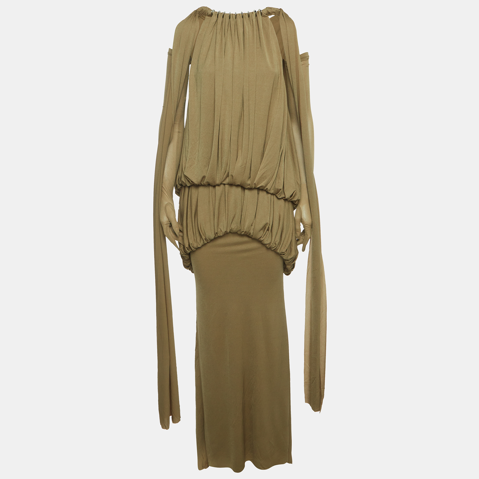 Chats By C.Dam Green Stretch Crepe Metal-Hardware Mayer Draped Maxi Dress S