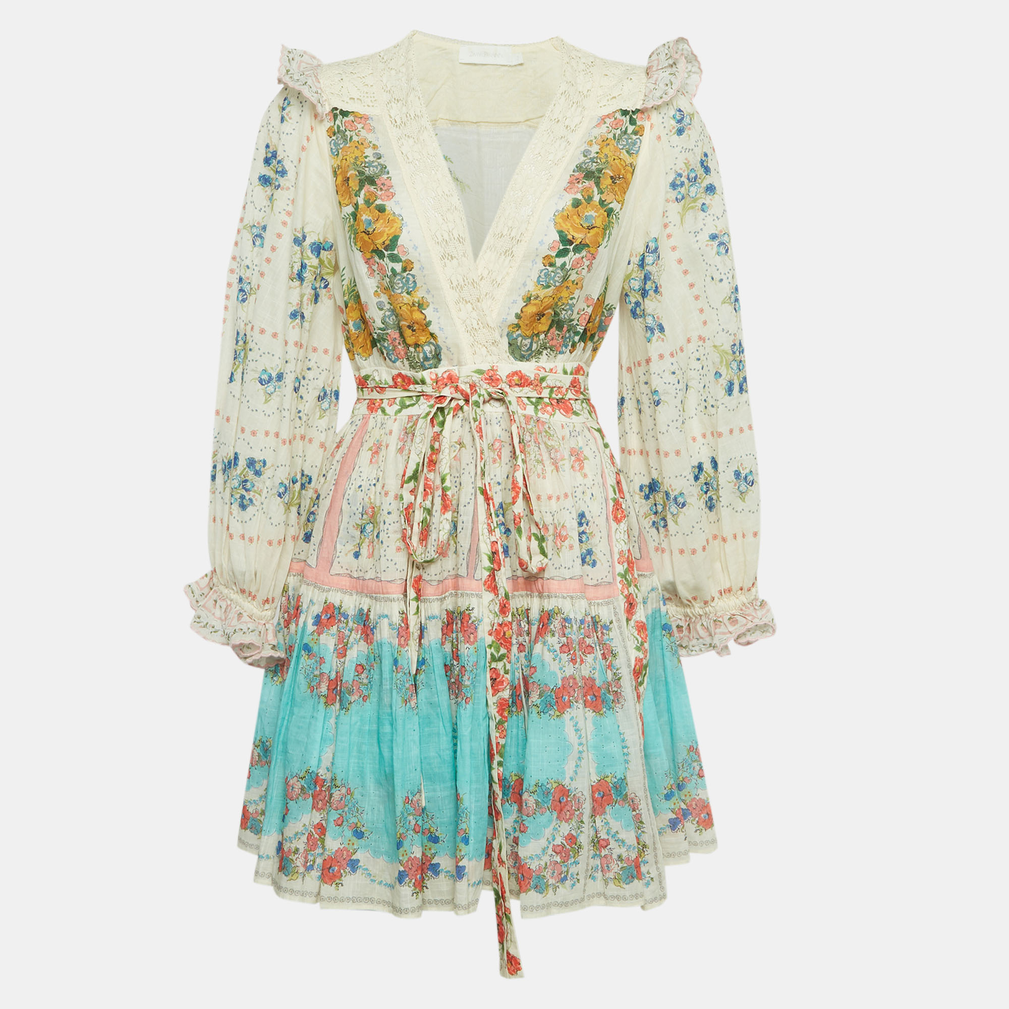 Zimmermann Multicolour Floral Print Cotton Clover Patched Wrap Mini Dress L