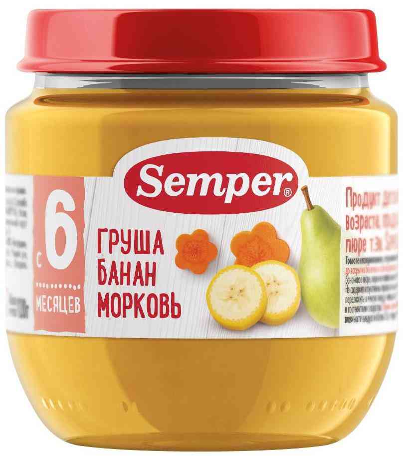 Пюре фруктово-овощное Semper груша-банан-морковь с 6 месяцев