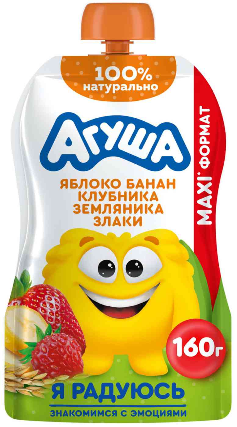 Пюре Агуша яблоко-банан-клубника-земляника-злаки с 8 месяцев